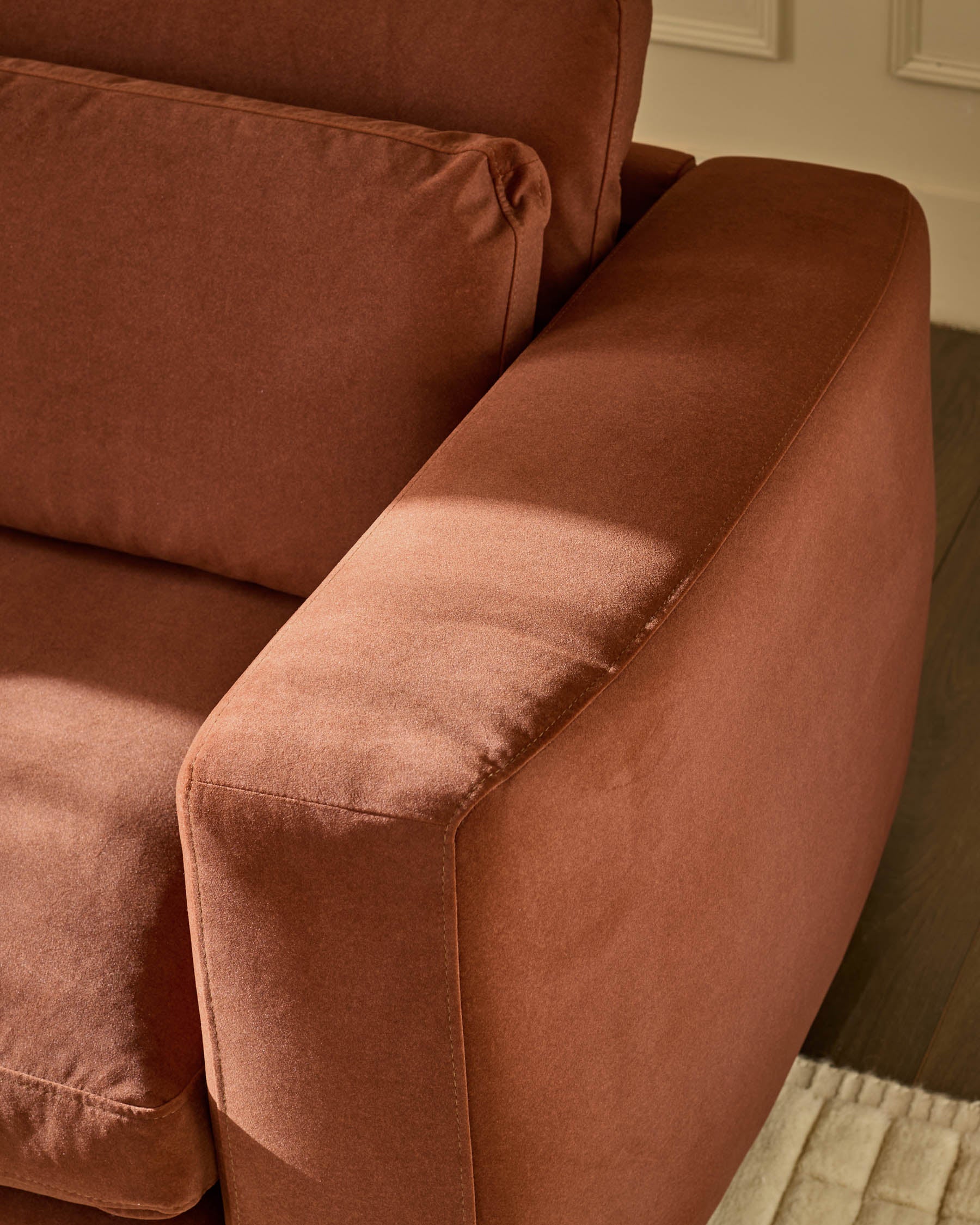 Quinn toffee red plush fabric black wood 2 seater sofa - Image 5
