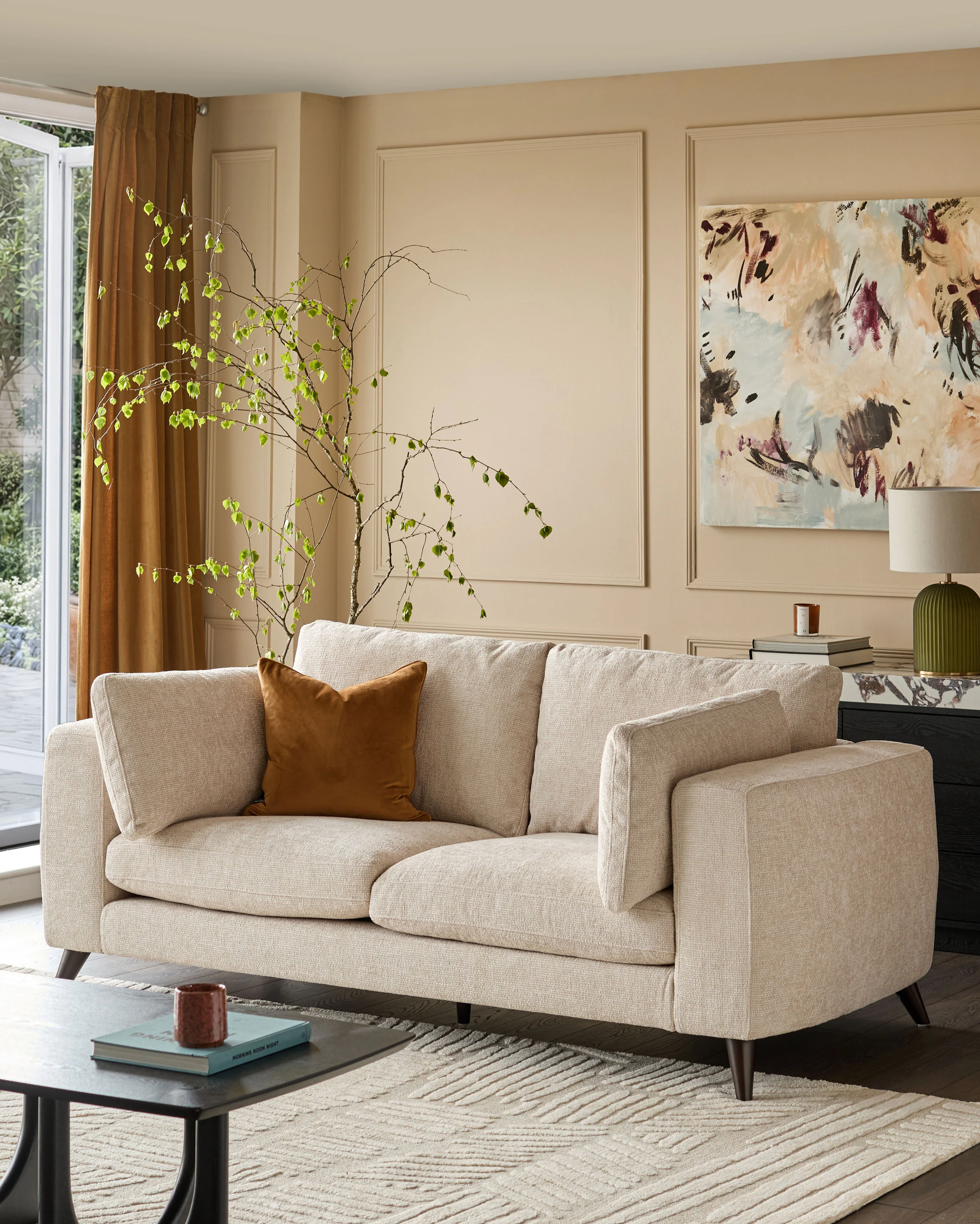 Quinn natural fabric dark wood 3 seater sofa - Image 2