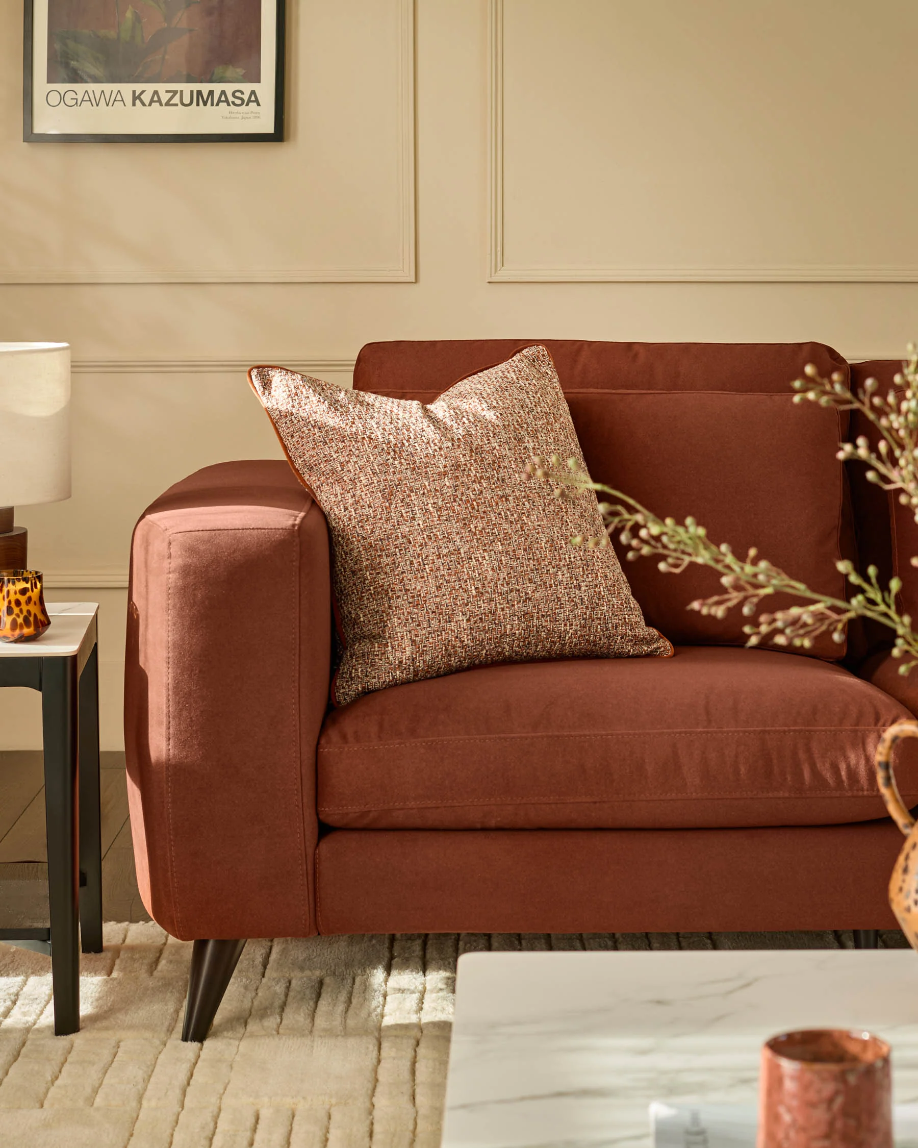 Quinn toffee red plush fabric black wood 3 seater sofa - Image 6