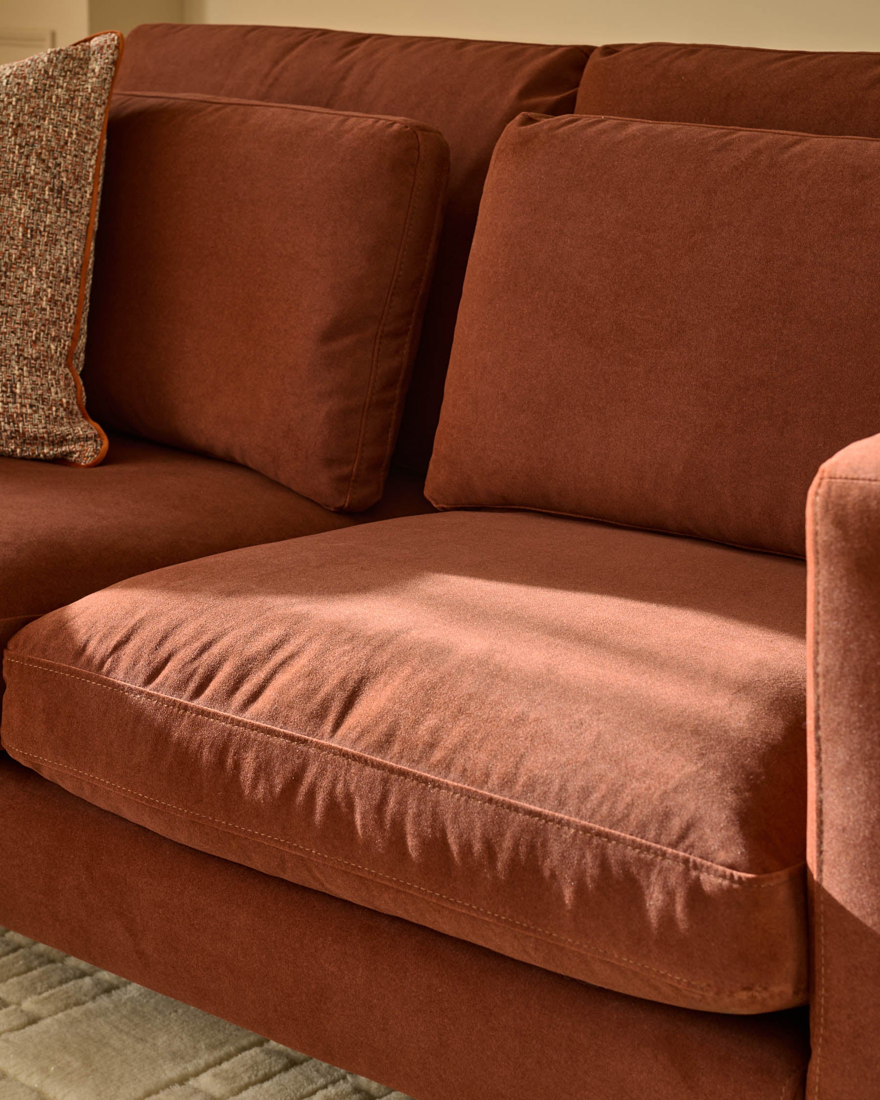 Quinn toffee red plush fabric black wood 3 seater sofa - Image 8