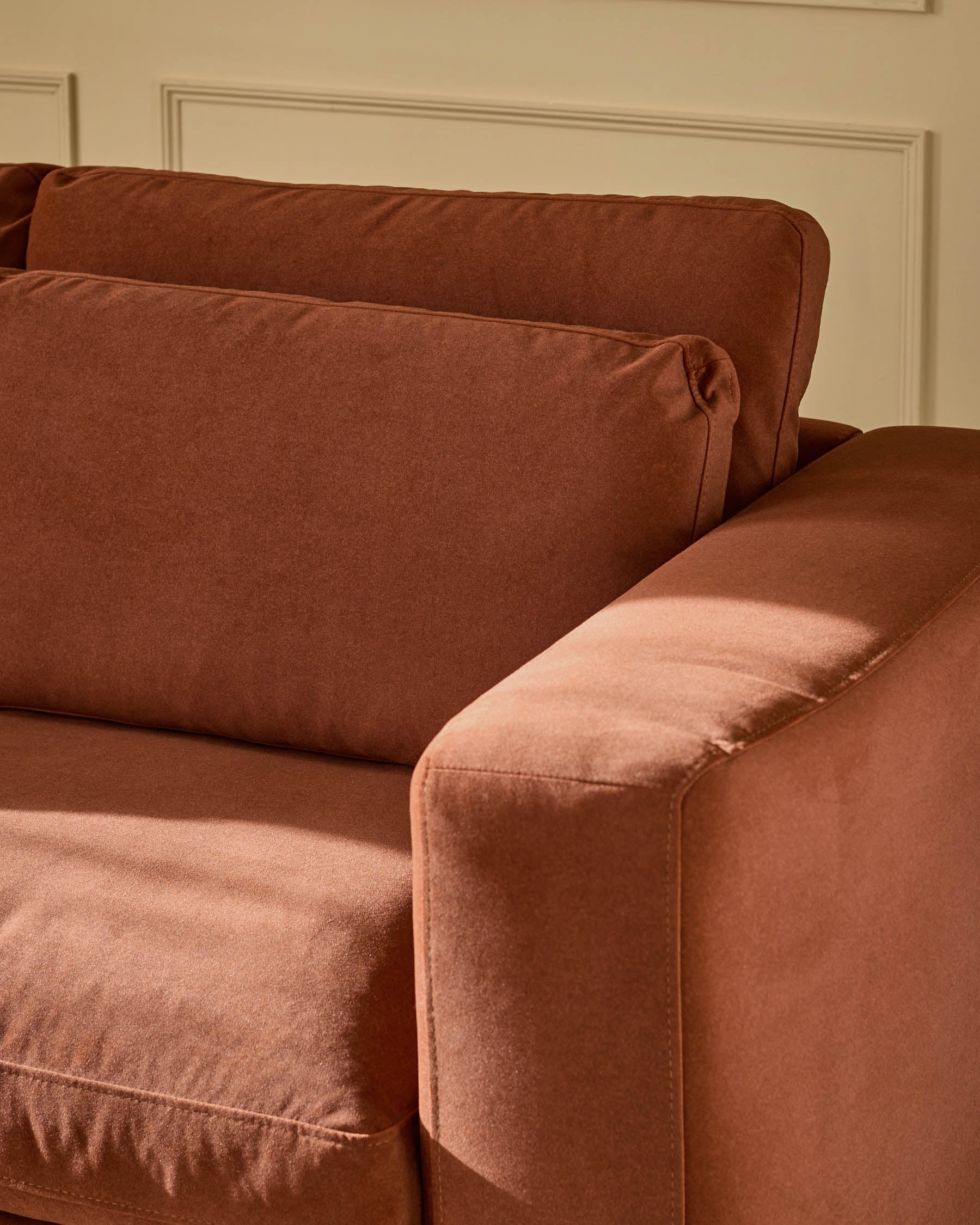 Quinn toffee red plush fabric black wood 3 seater sofa - Image 9