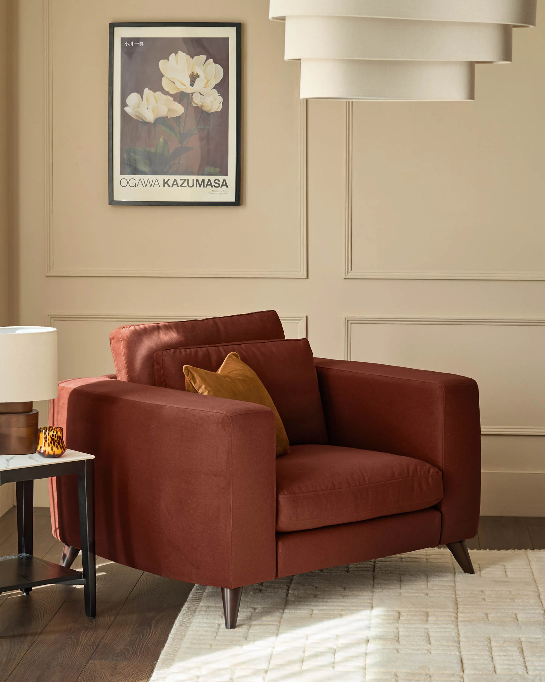 Quinn toffee red plush fabric black wood armchair