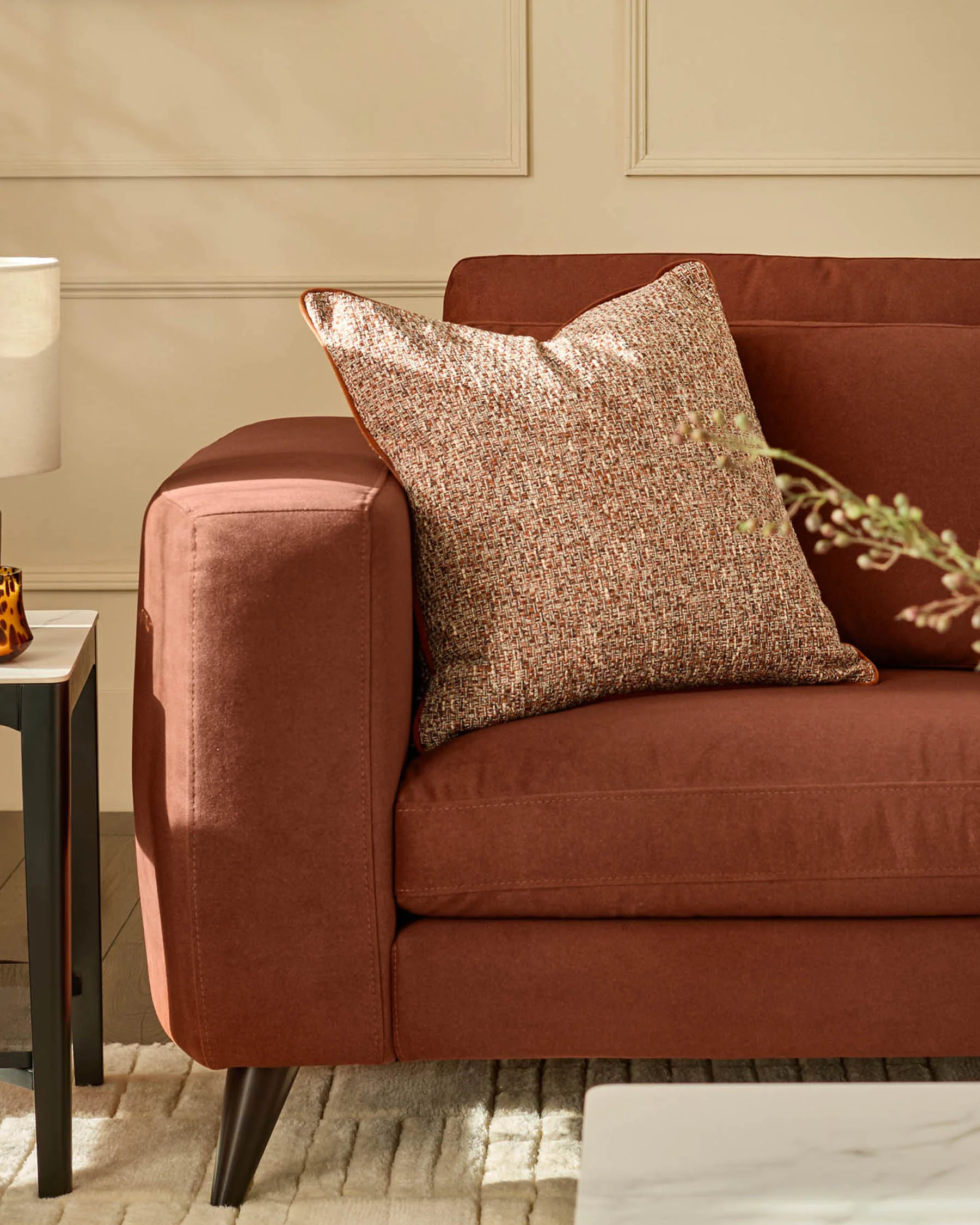 Quinn toffee red plush fabric black wood armchair - Image 2