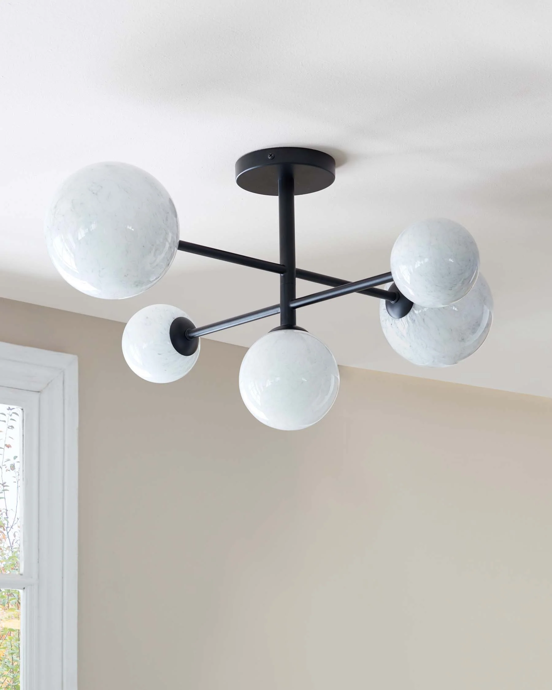 Riley Black Semi Flush Pendant Light with Marble Look Glass