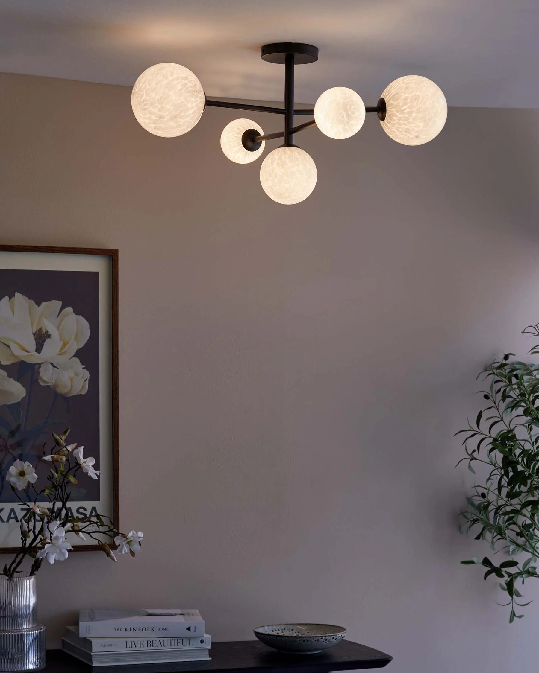 Riley Black Semi Flush Pendant Light with Marble Look Glass - Image 2