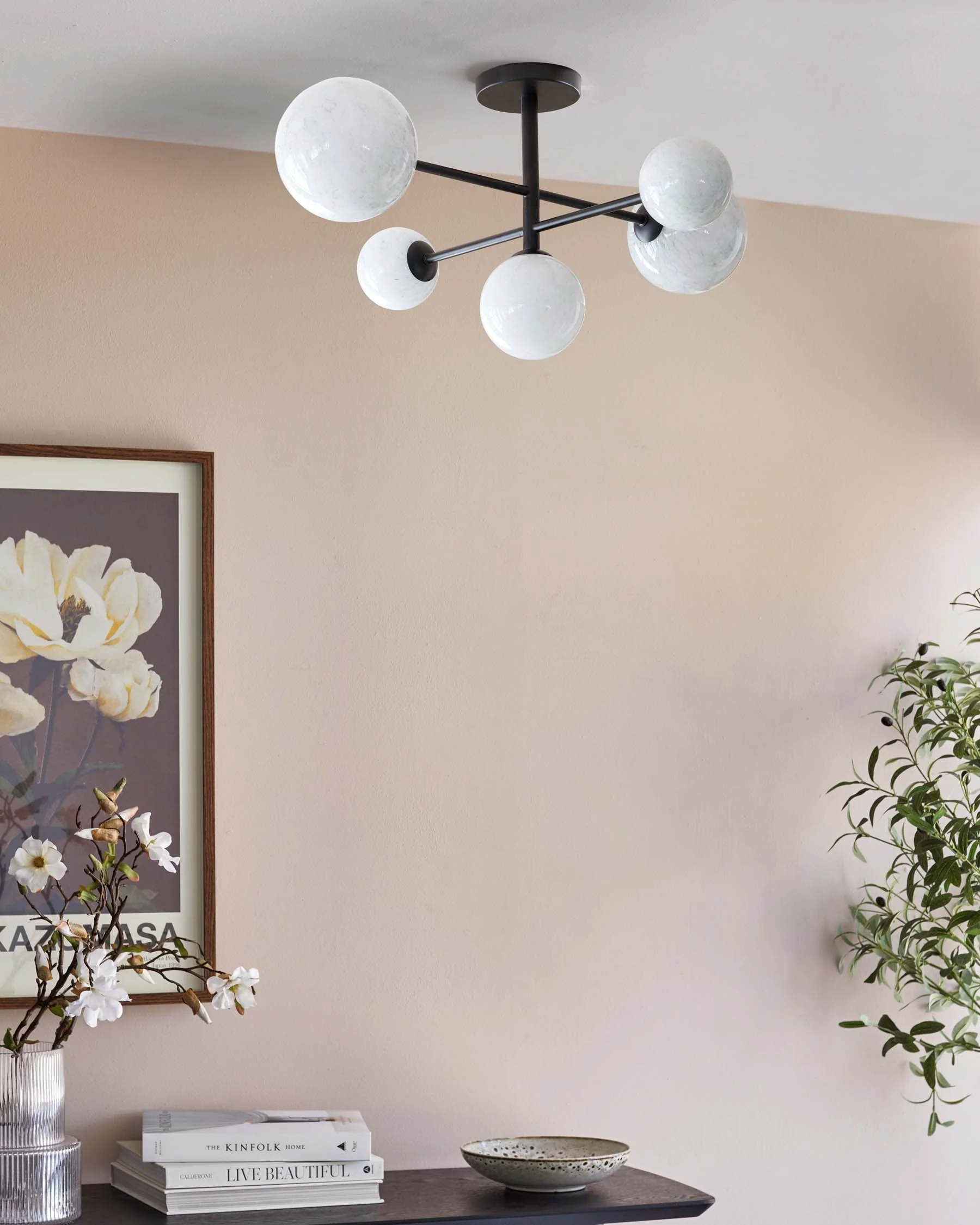 Riley Black Semi Flush Pendant Light with Marble Look Glass - Image 3