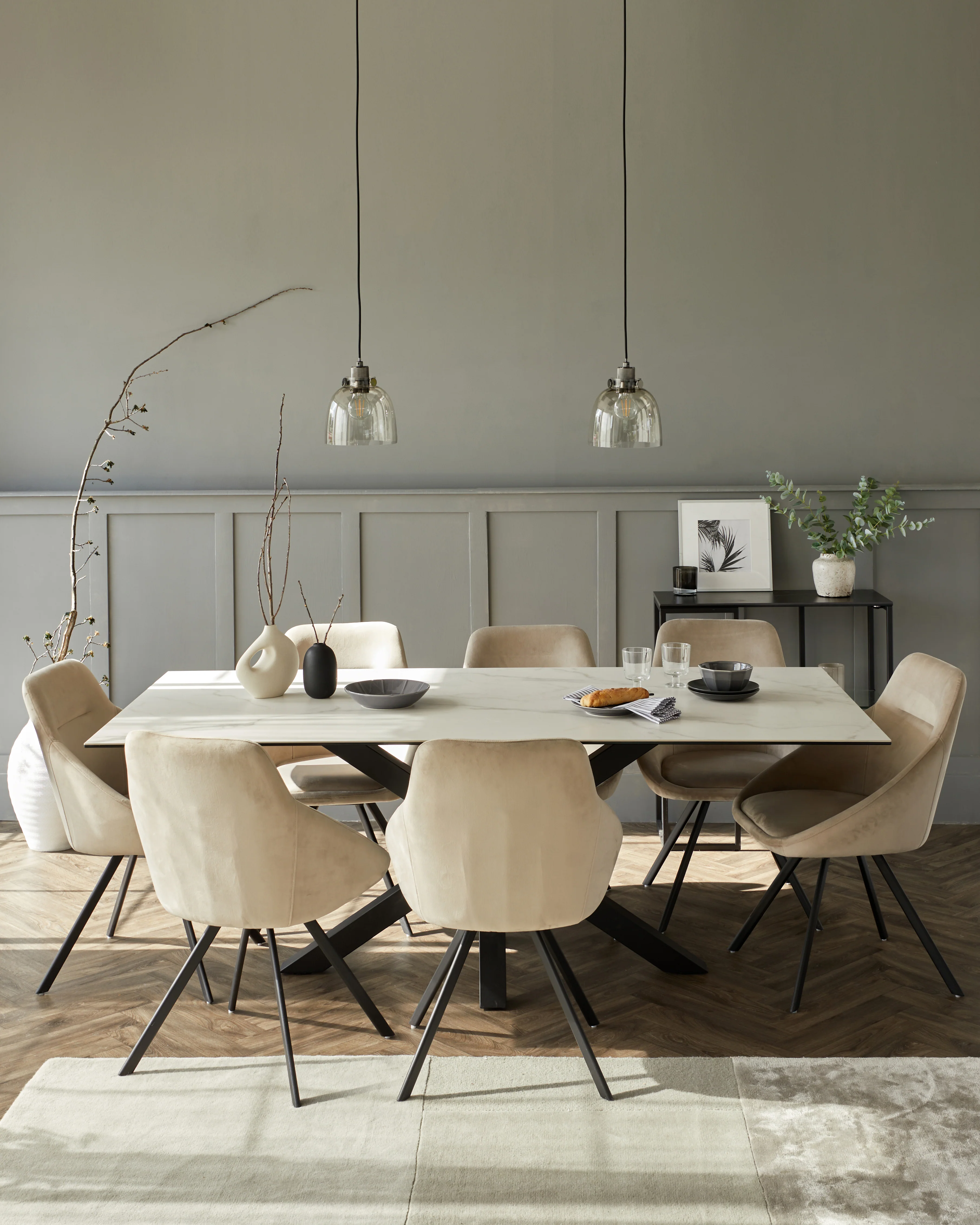 Riley white ceramic 8 seater table and 8 Cleo dining chairs set - Image 5
