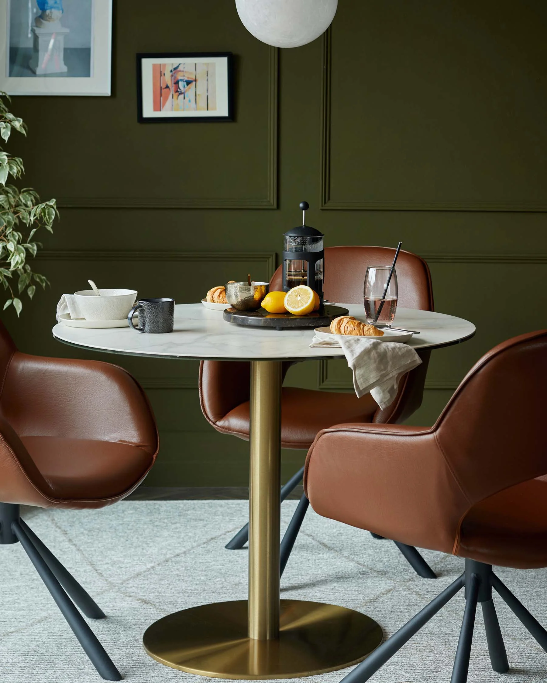 Romeo White Marbled Ceramic and Brass Pedestal 4 Seater Dining Table - Image 4