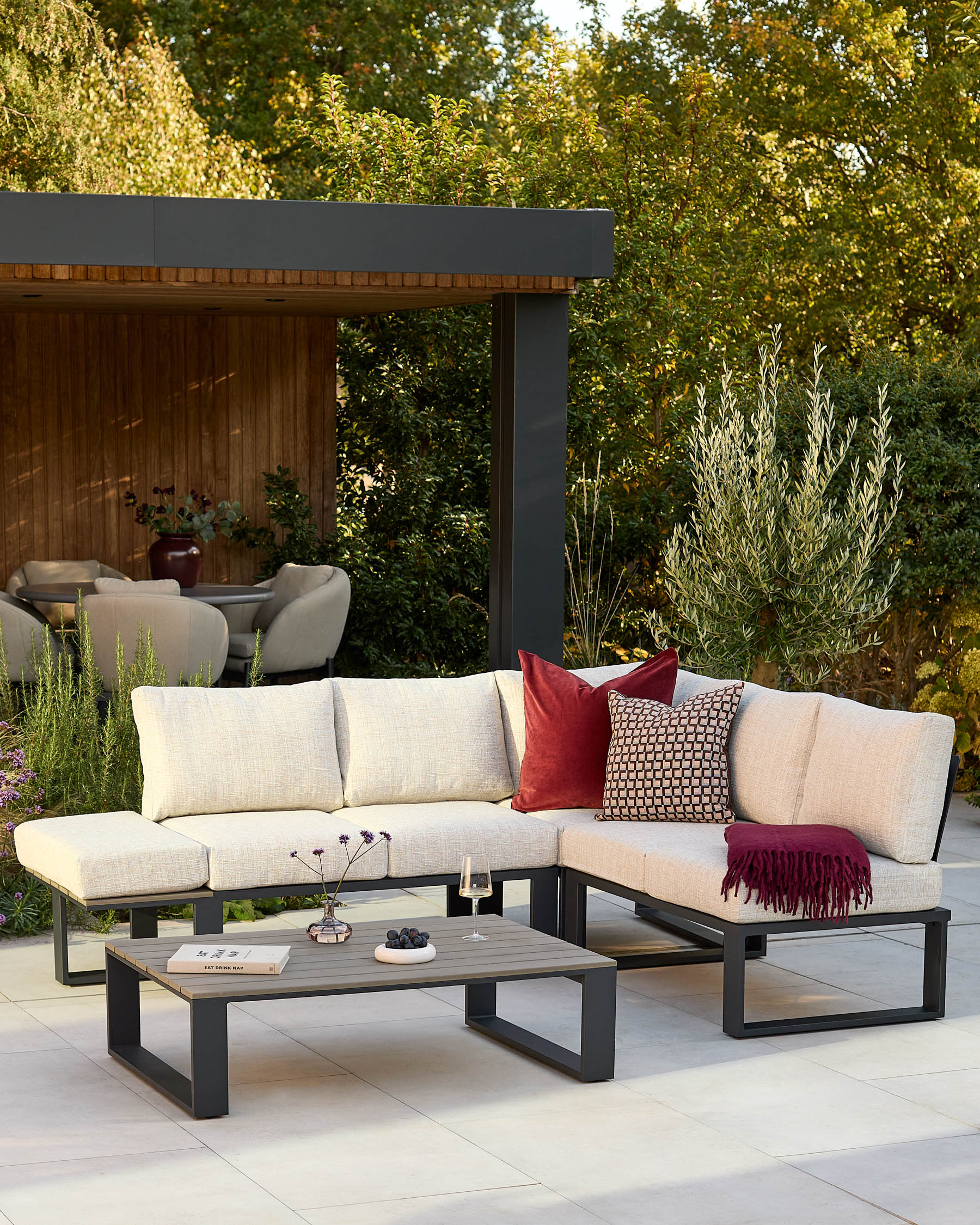 Savannah black garden large corner bench and coffee table set - Image 3