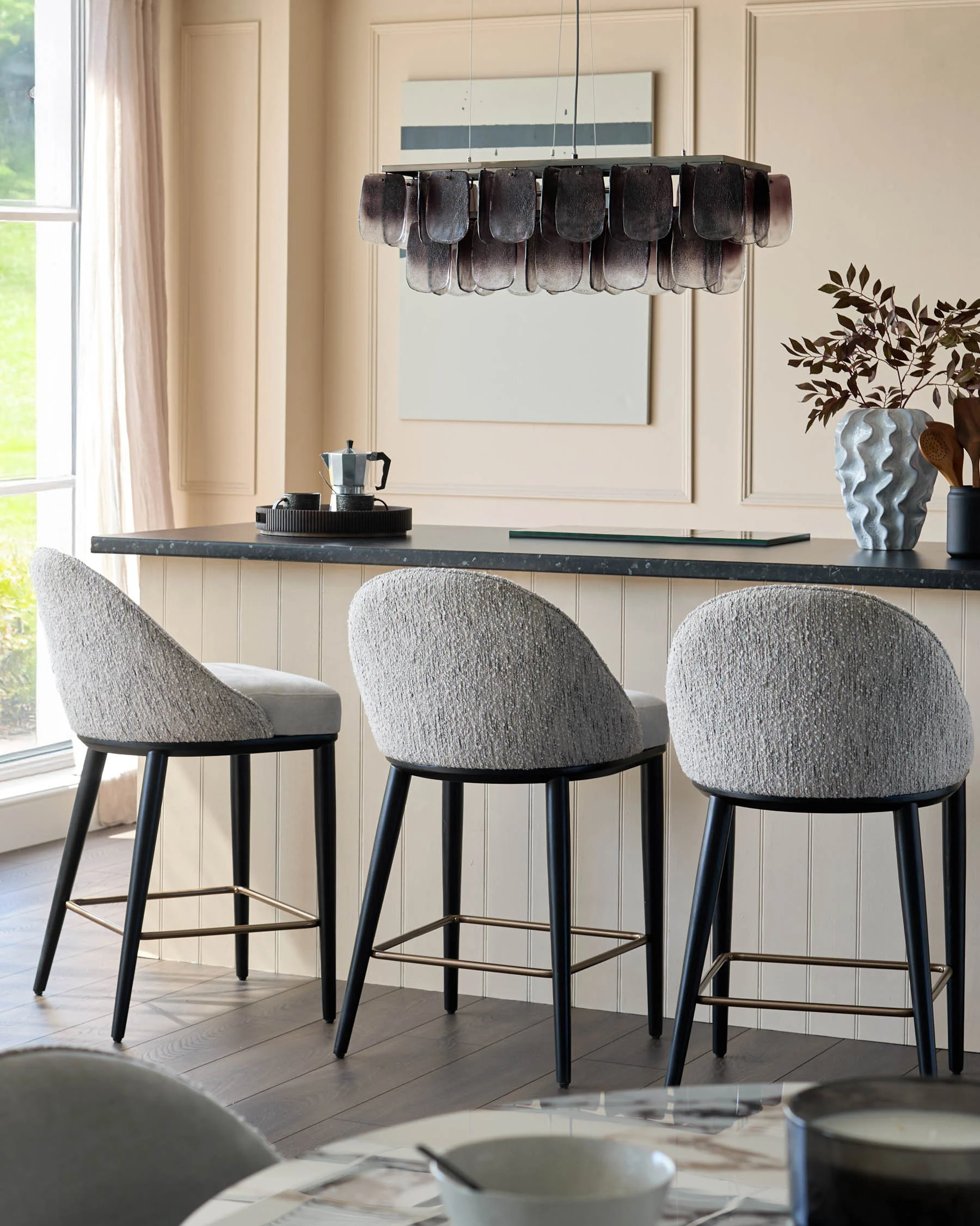 Scarlett cream boucle and natural grey chenille bar stool - Image 2