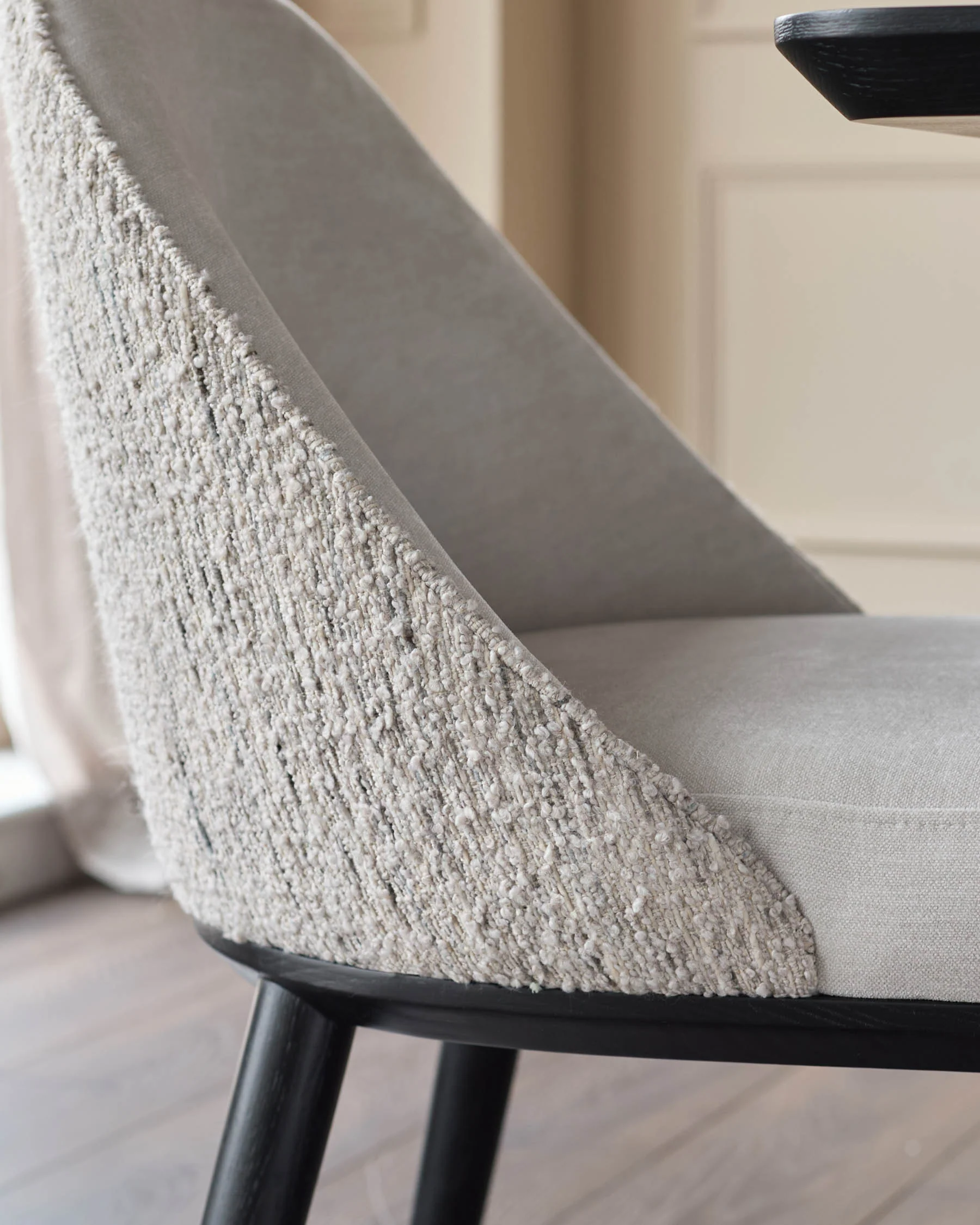 Scarlett cream boucle and natural grey chenille dining chair - Image 4