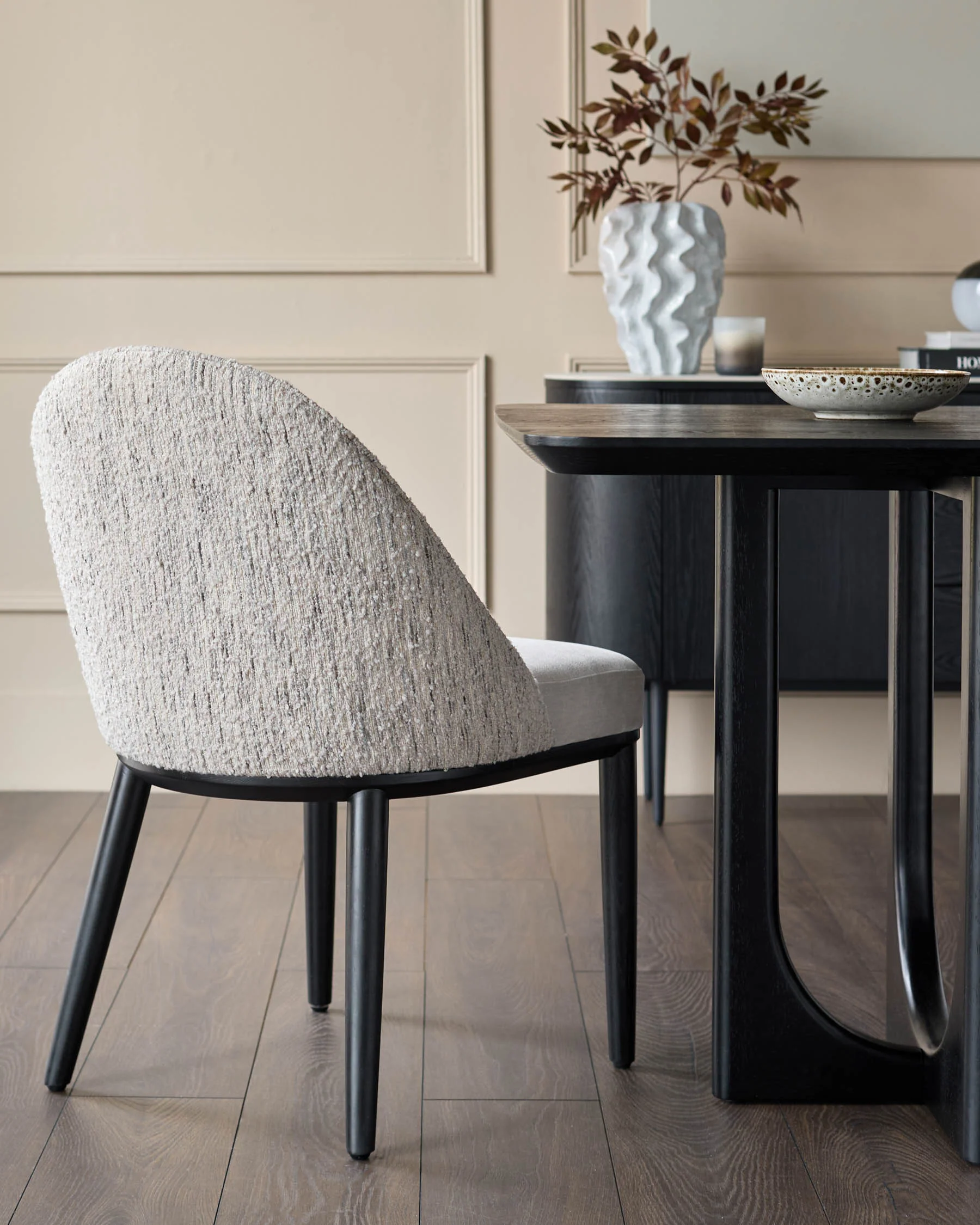 Scarlett cream boucle and natural grey chenille dining chair - Image 6
