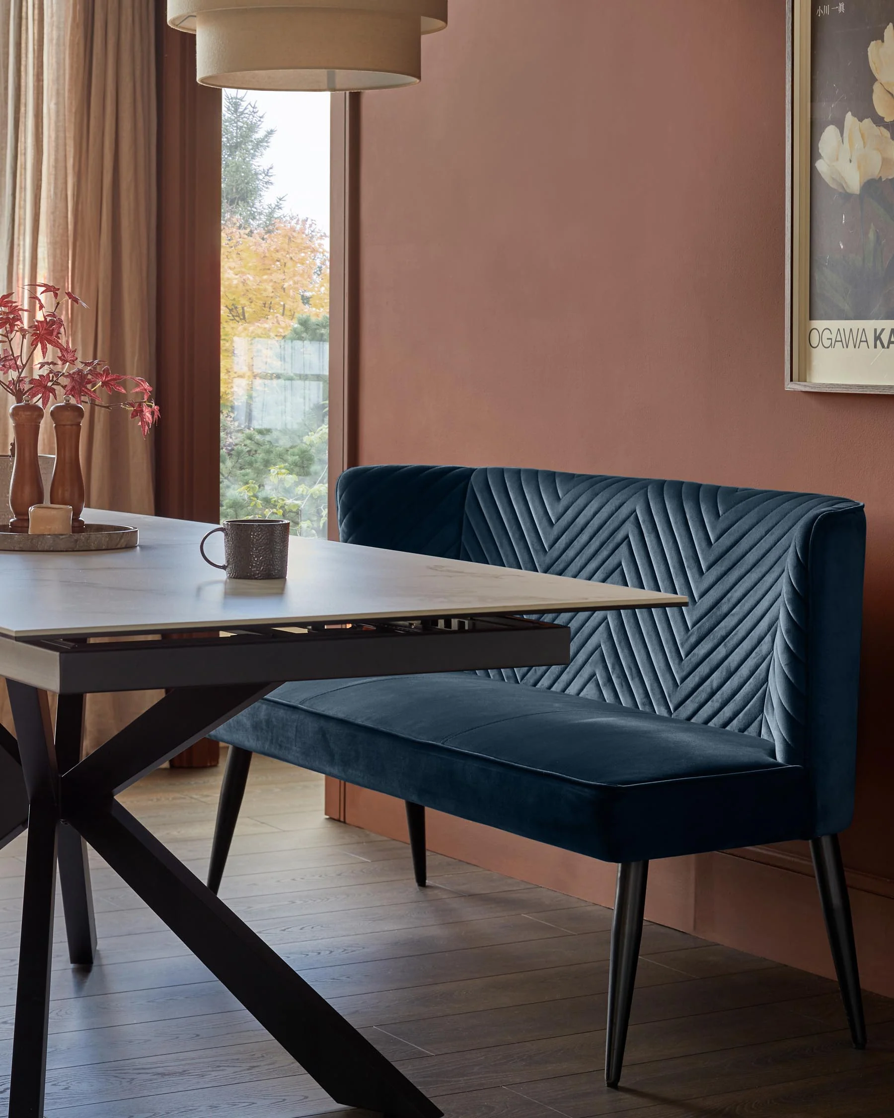Serena Dark Blue Velvet 3 Seater Dining Bench with Backrest - Image 2