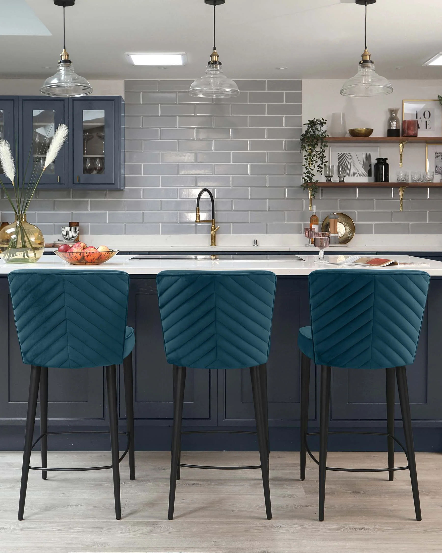 Serena Dark Teal Velvet Bar Stool With Black Metal Leg - Image 3