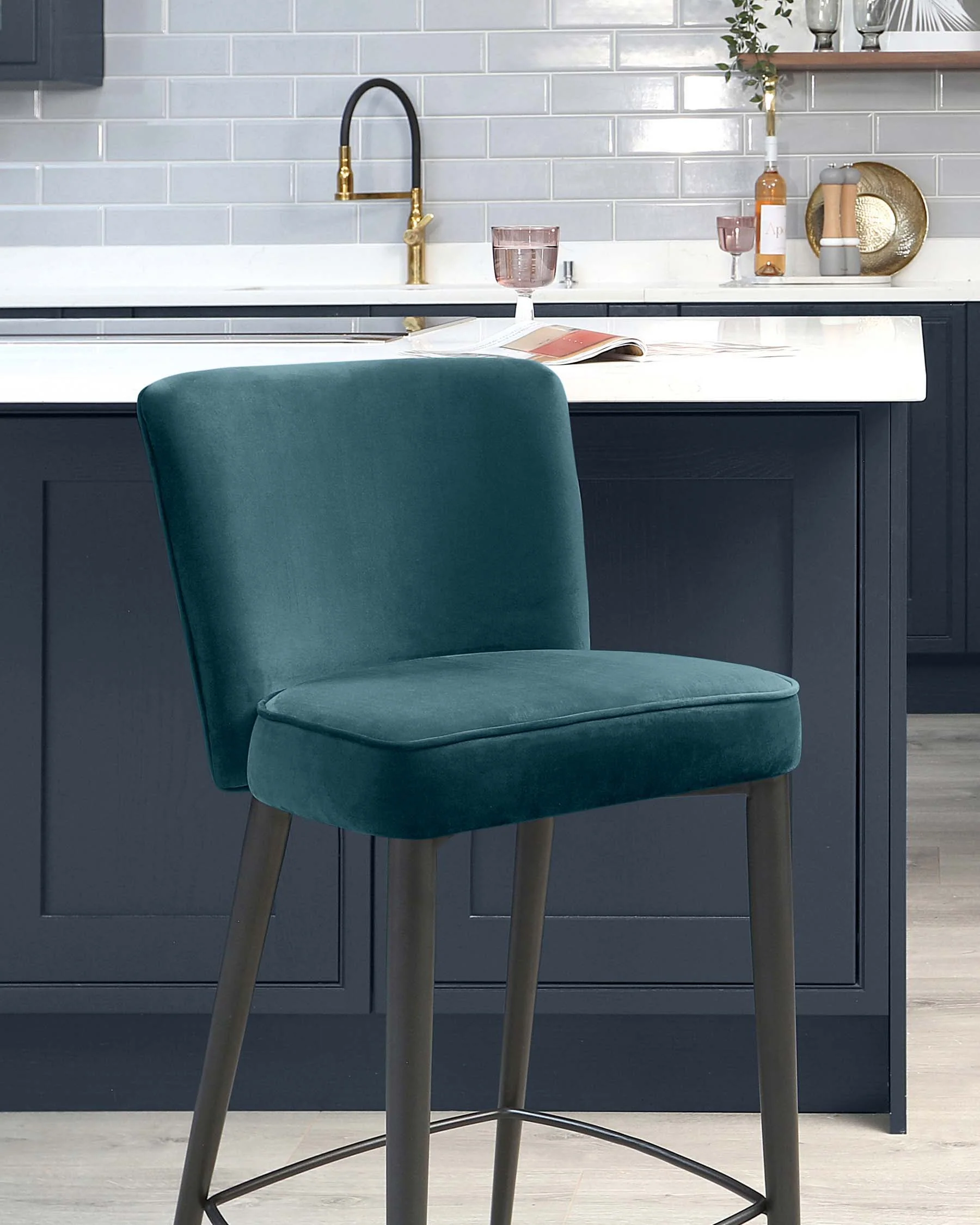 Serena Dark Teal Velvet Bar Stool With Black Metal Leg - Image 5