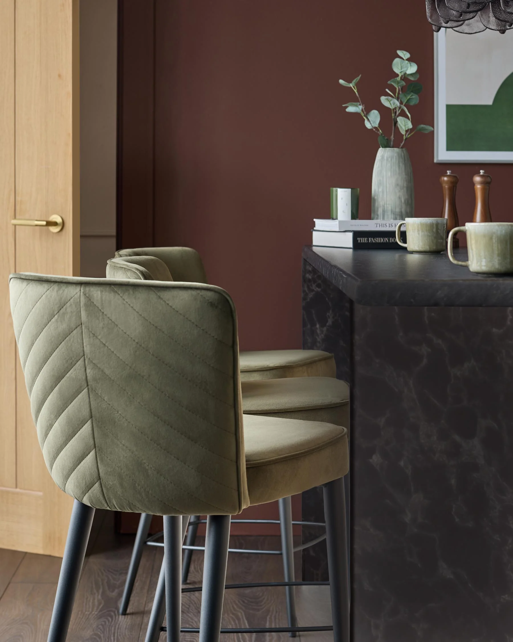 Serena olive green velvet bar stool - Image 2