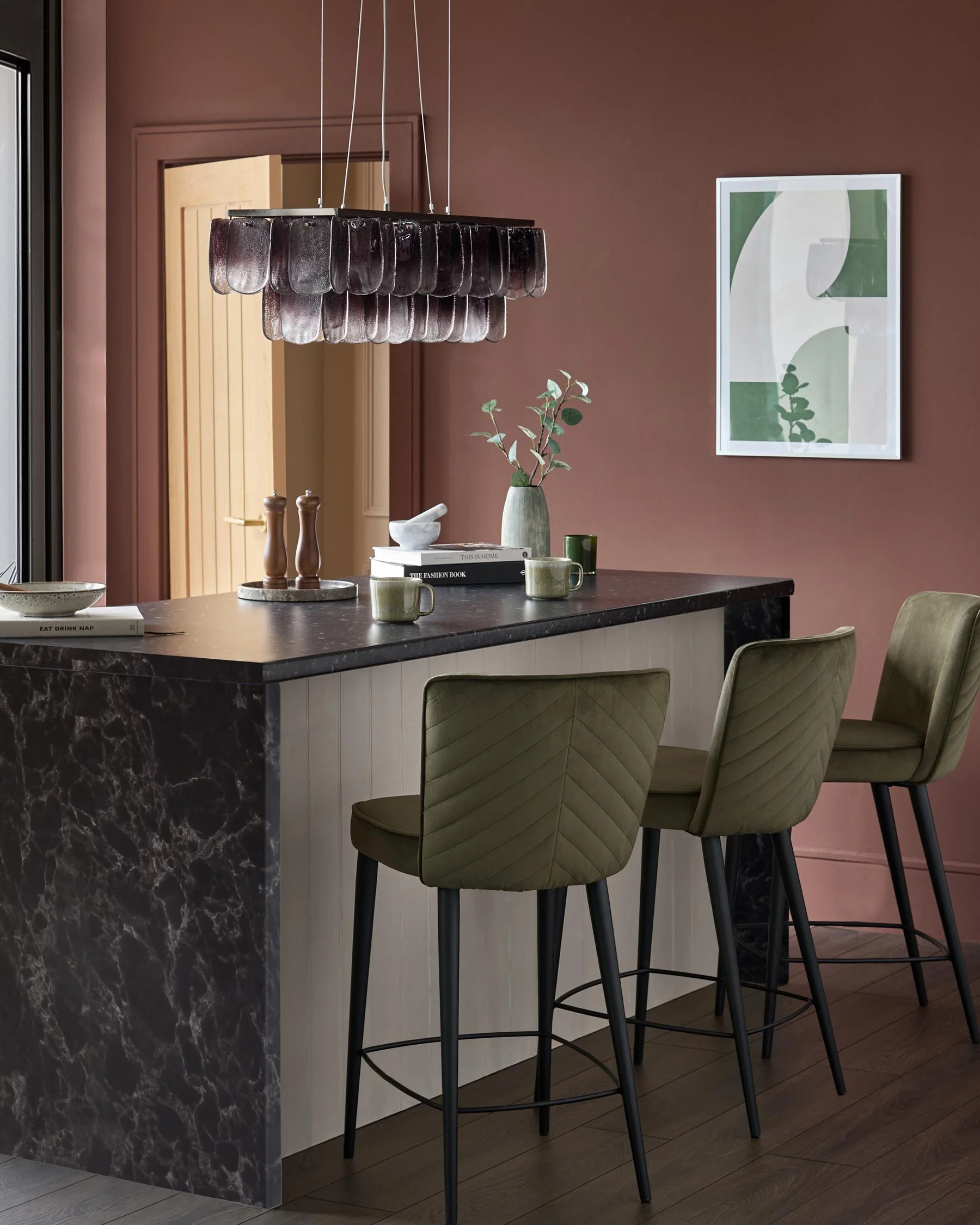 Serena olive green velvet bar stool - Image 3