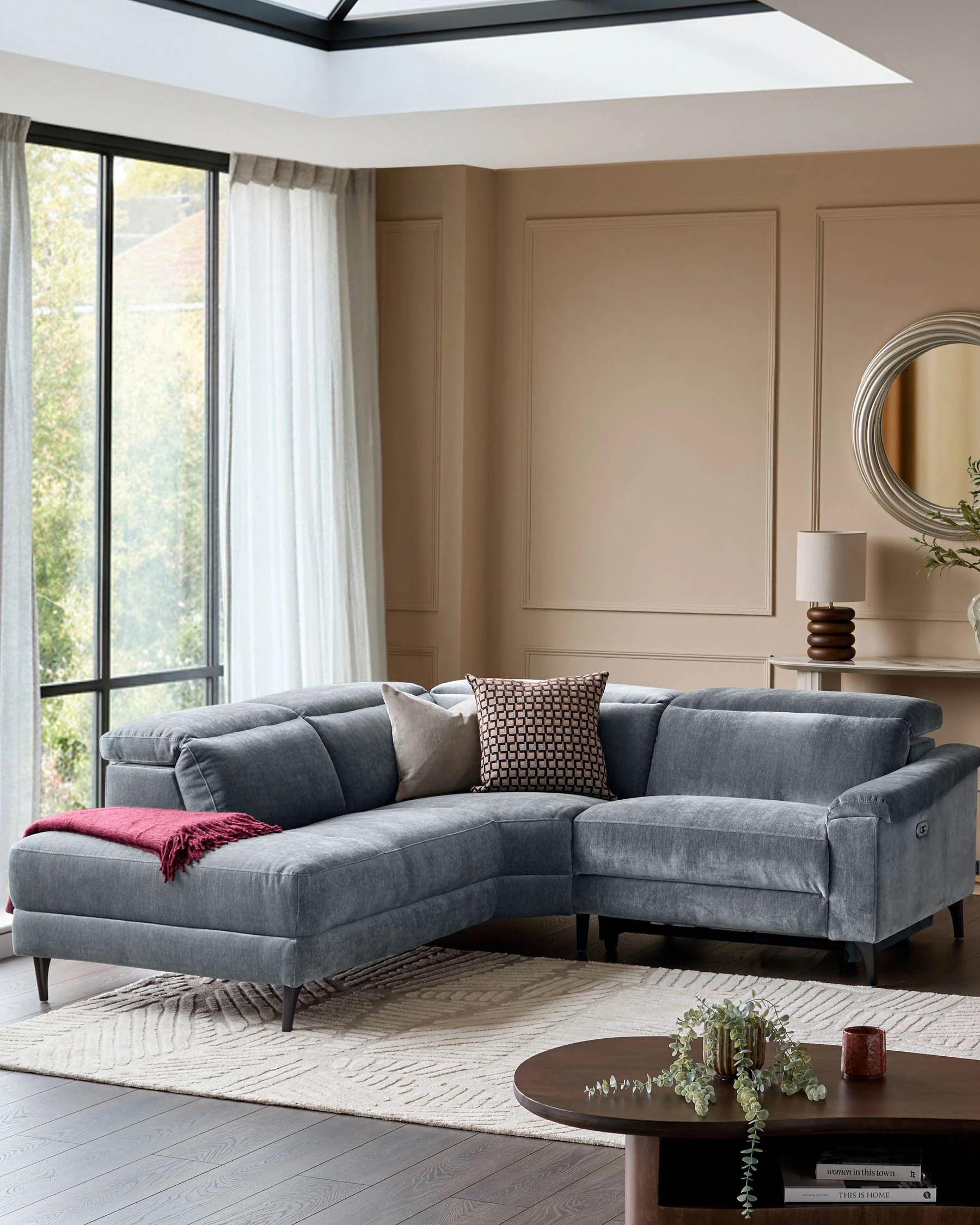 Serene blue grey fabric small left hand corner chaise recliner sofa
