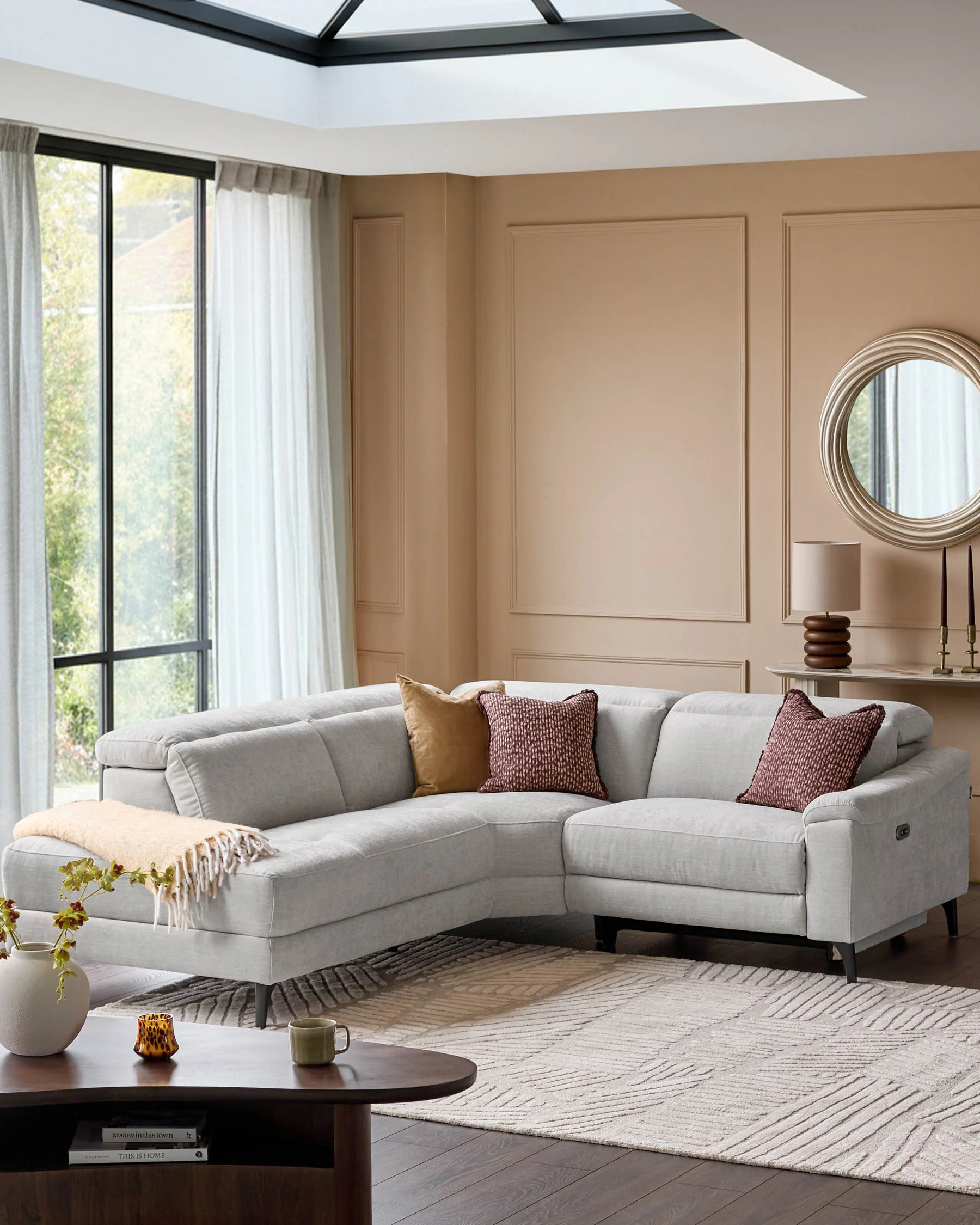 Serene light grey fabric small left hand corner chaise recliner sofa
