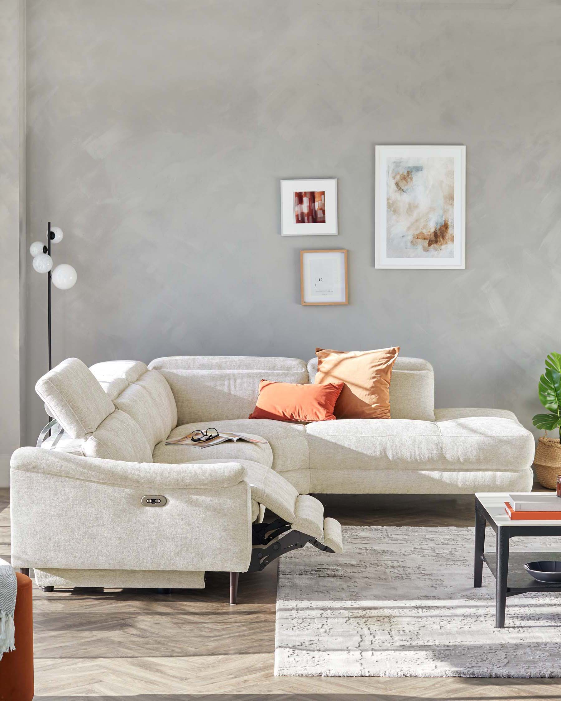 Serene Dark Wood Right Hand Corner Chaise Recliner Sofa Chenille Ivory - Image 3