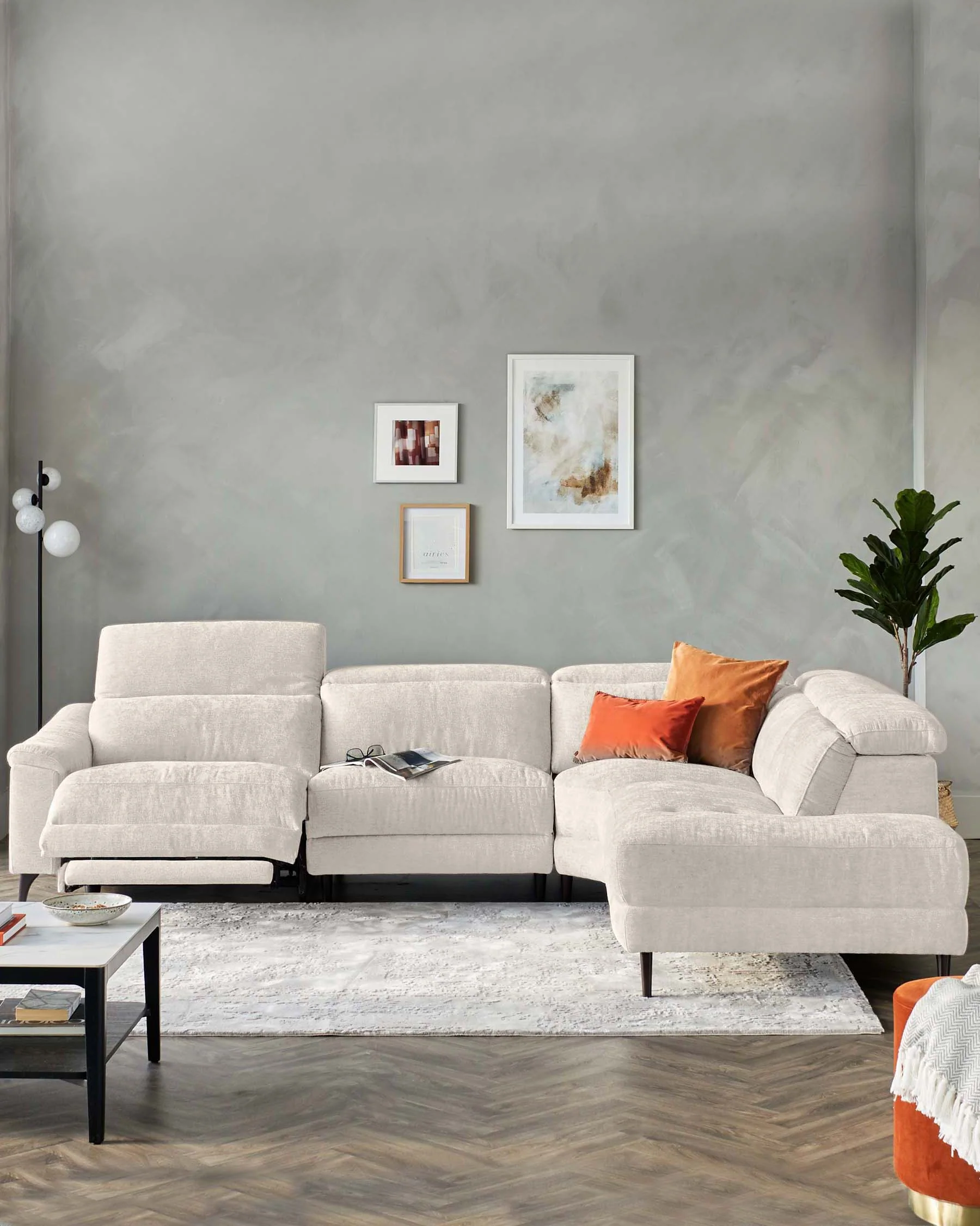 Serene Dark Wood Right Hand Corner Chaise Recliner Sofa Chenille Ivory - Image 5