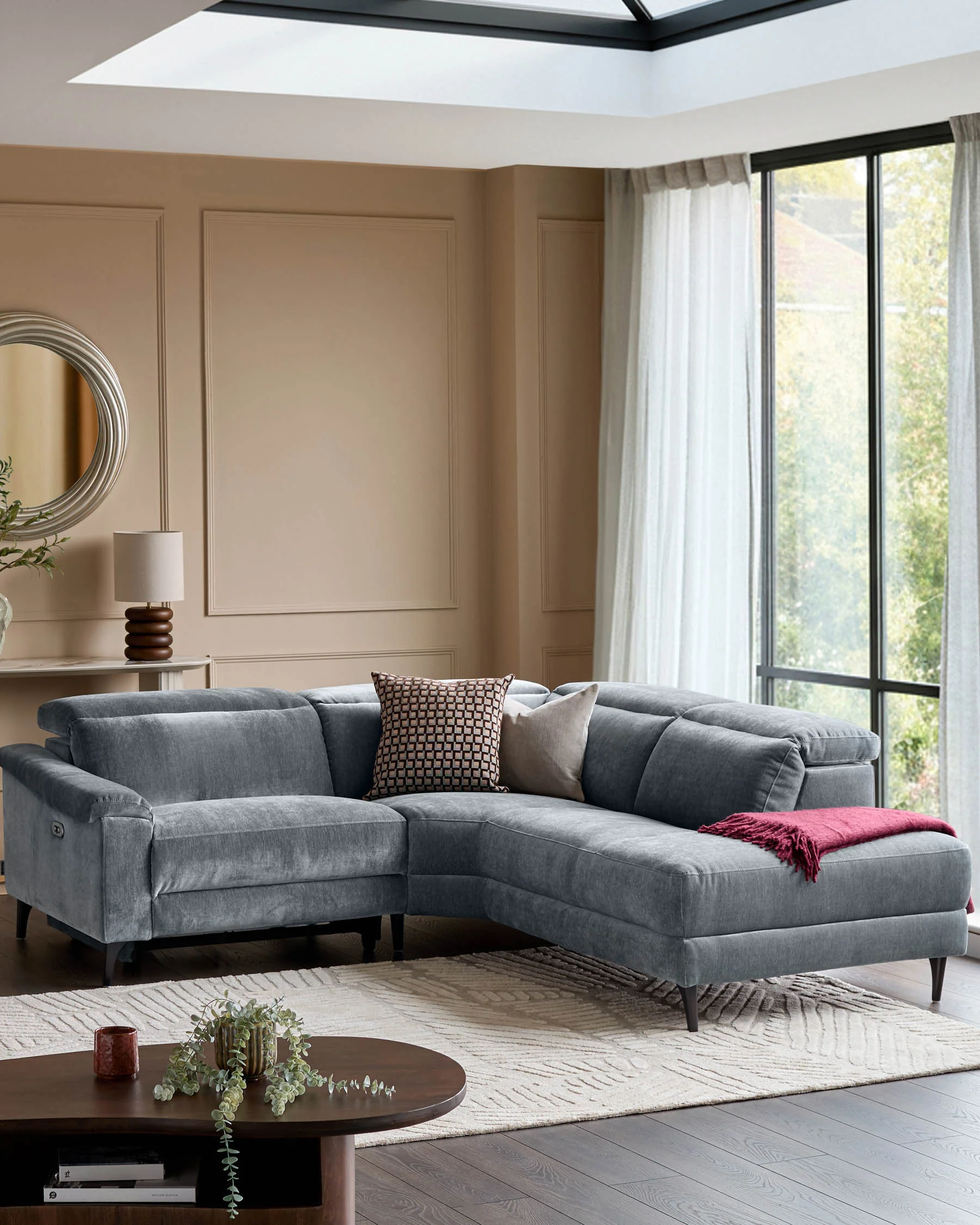 Serene blue grey fabric small right hand corner chaise recliner sofa