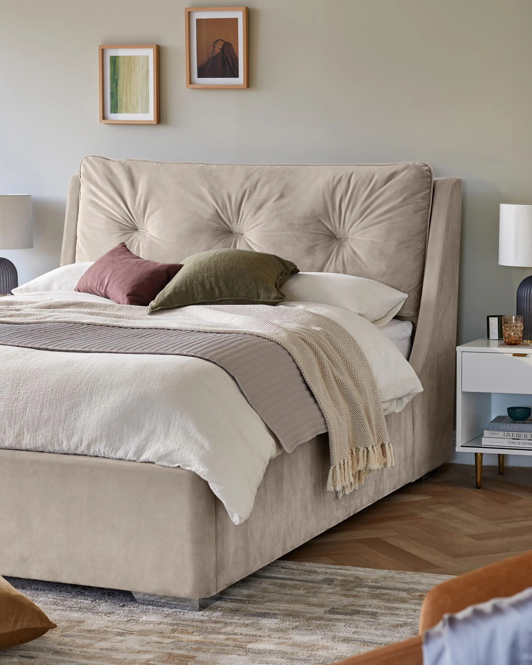 Siesta champagne velvet super king size ottoman storage bed