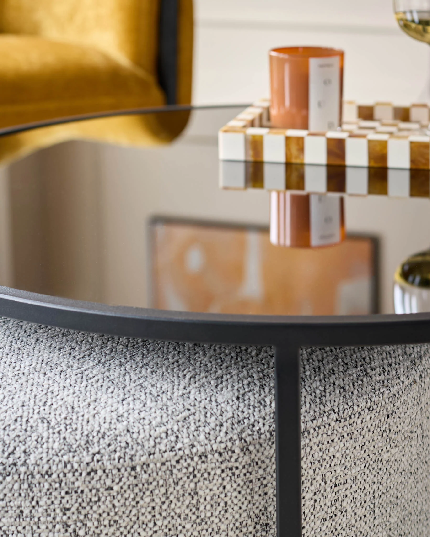 Thea smoked mirror coffee table and light grey fabric pouffe set - Image 5