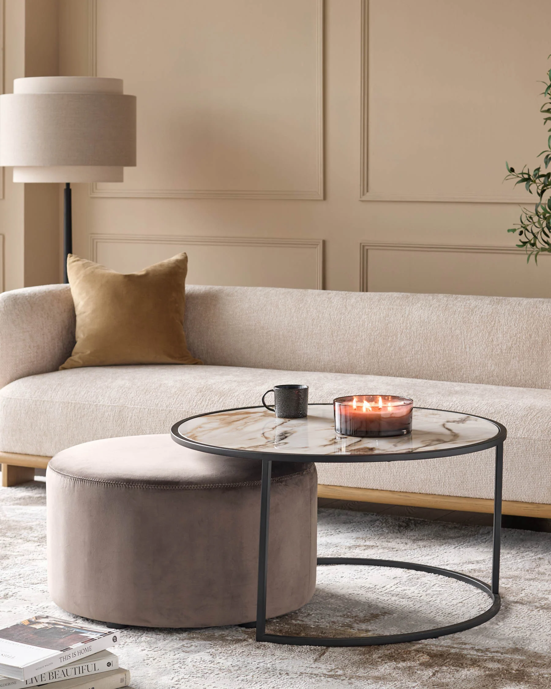 Thea natural ceramic coffee table and mocha velvet pouffe set - Image 3
