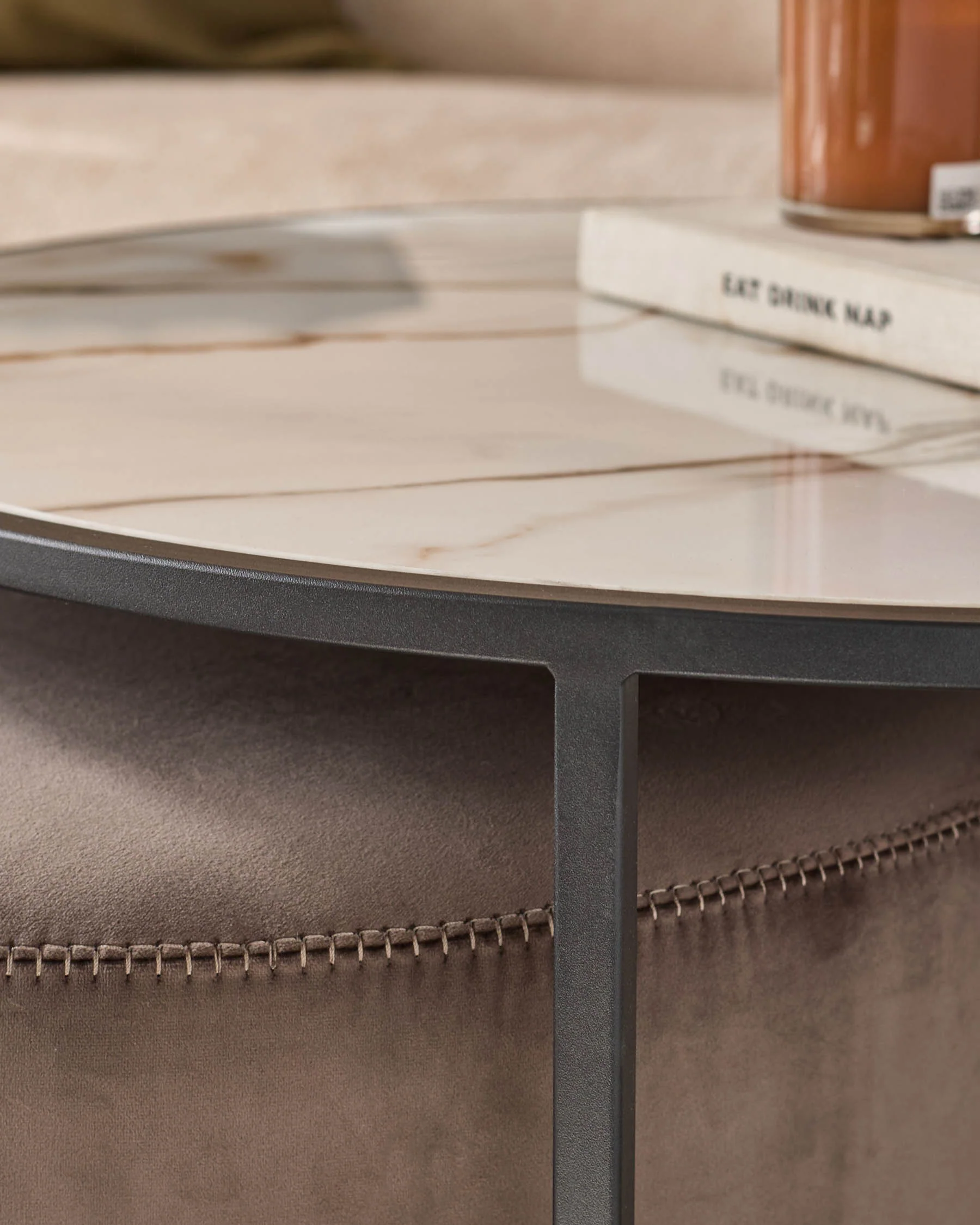 Thea natural ceramic coffee table and mocha velvet pouffe set - Image 4