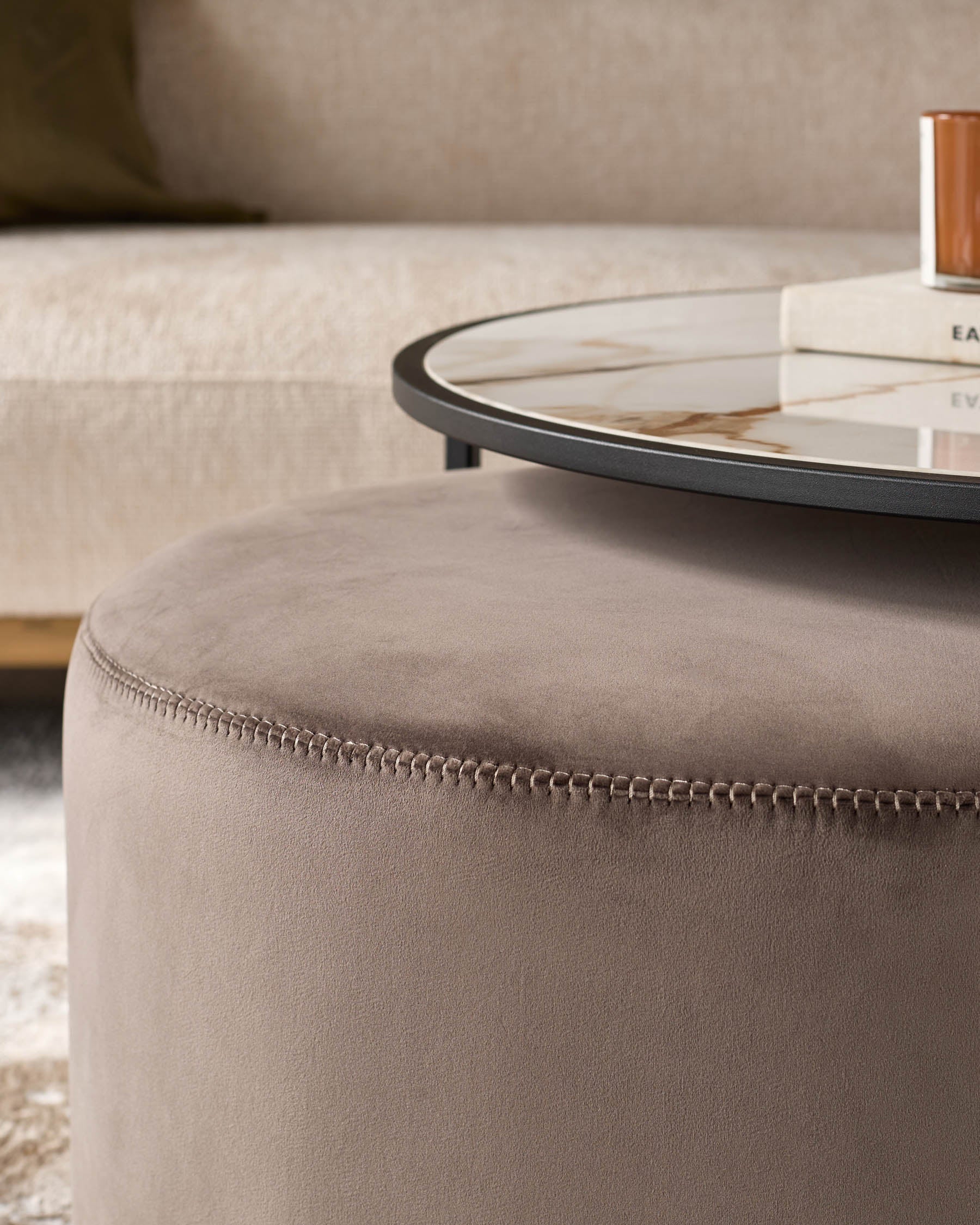 Thea natural ceramic coffee table and mocha velvet pouffe set - Image 5