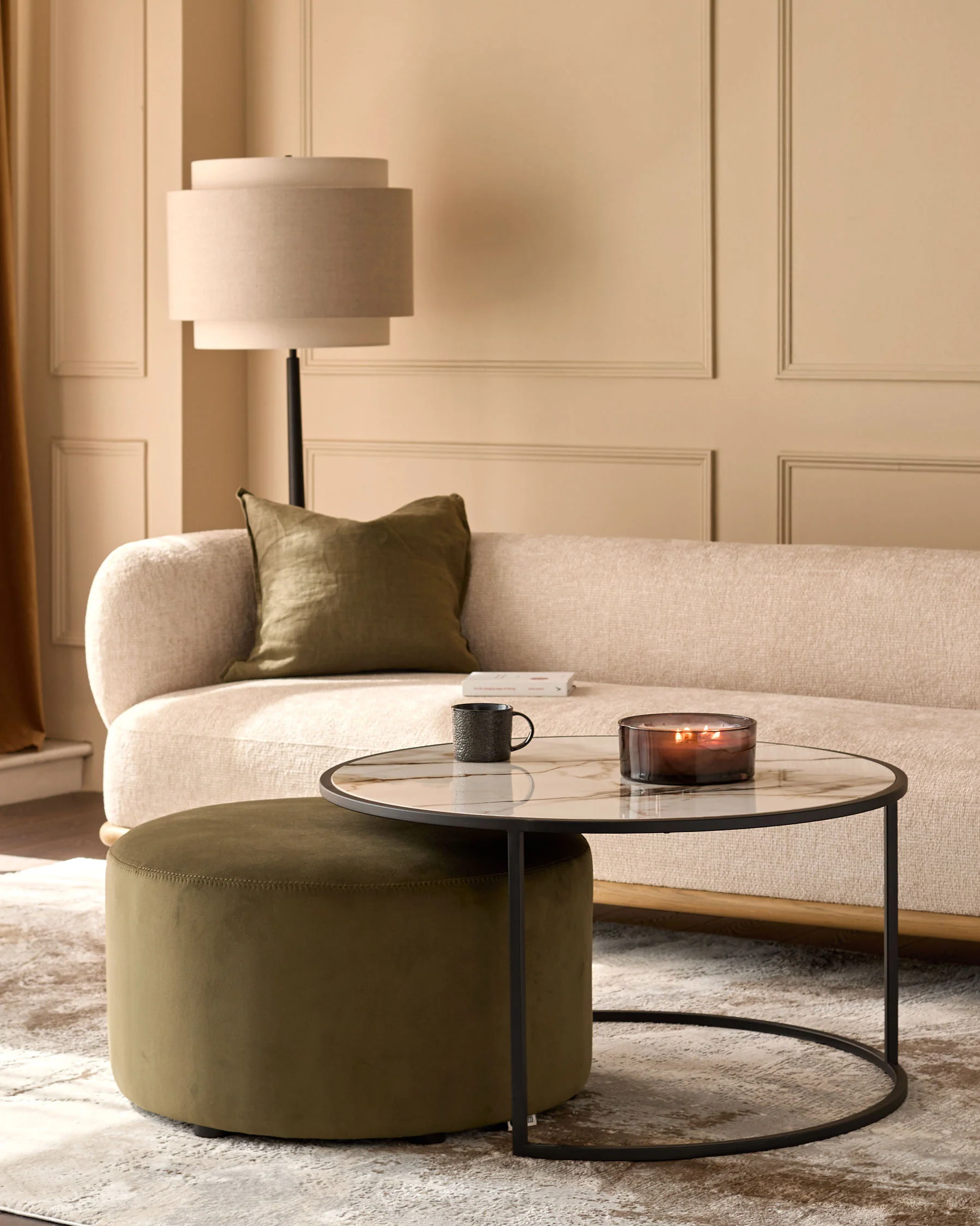 Thea natural ceramic coffee table and olive green velvet pouffe set - Image 3