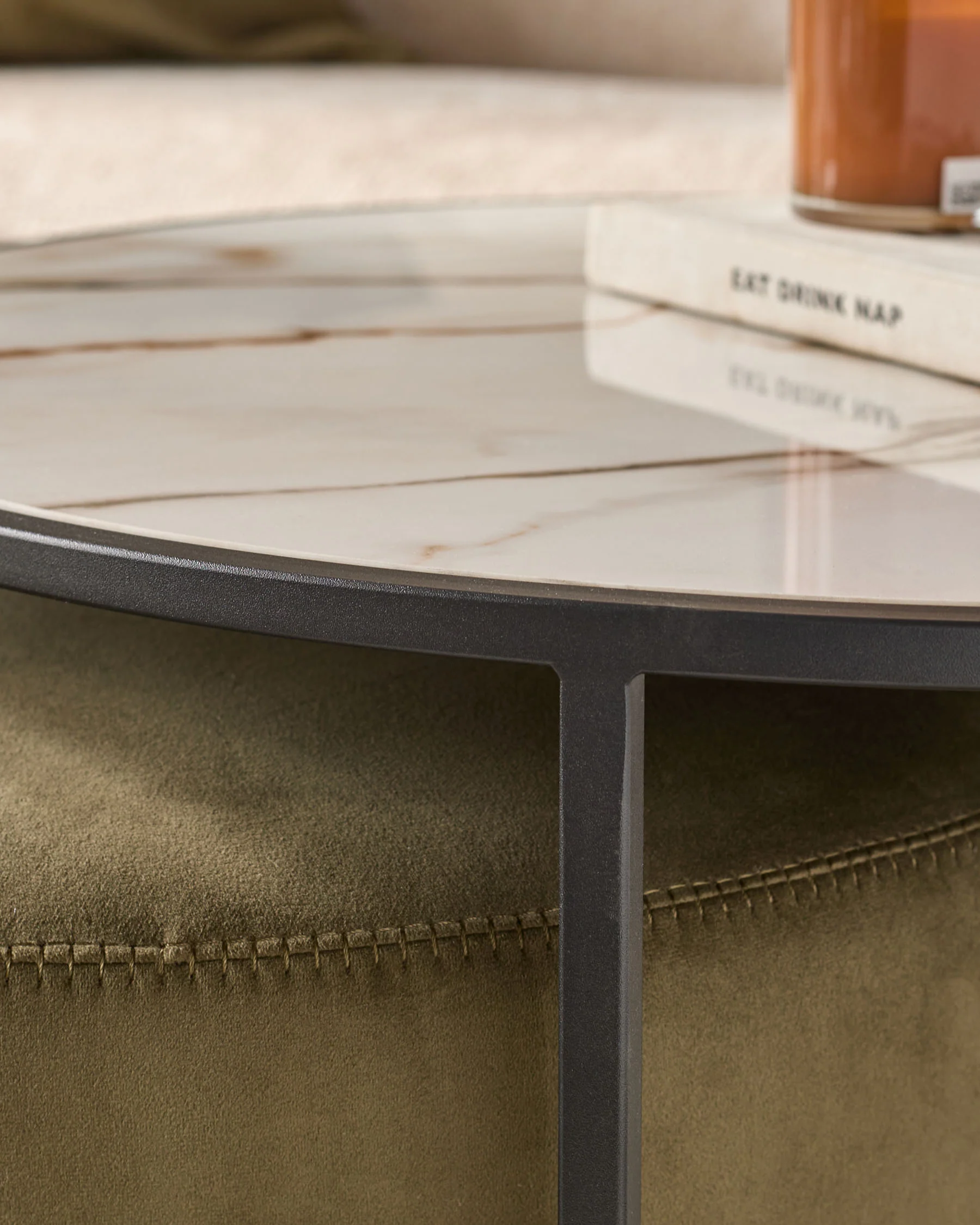Thea natural ceramic coffee table and olive green velvet pouffe set - Image 4