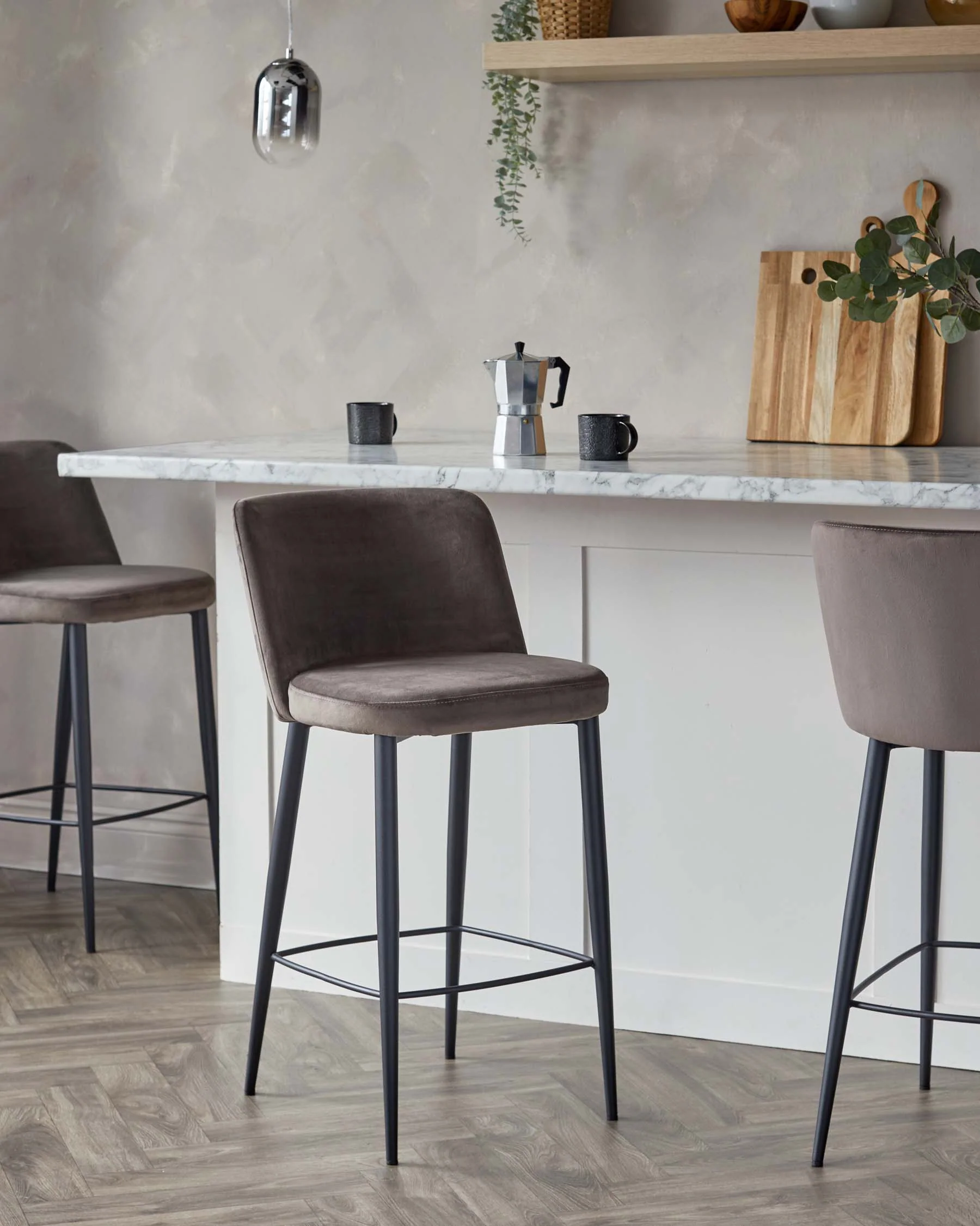 Trinny Black Metal Bar Stool in Mocha Plush Velvet - Image 2