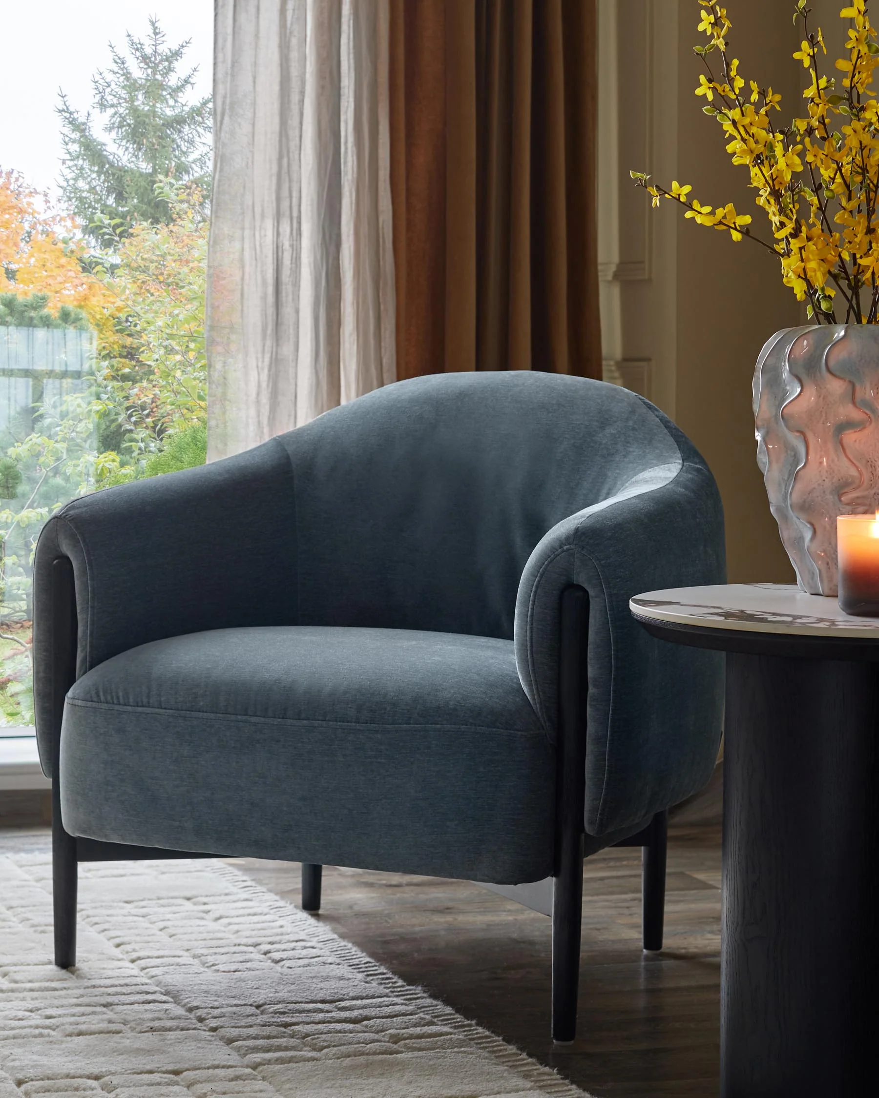 Tristan blue grey fabric accent chair with black wood - Image 4