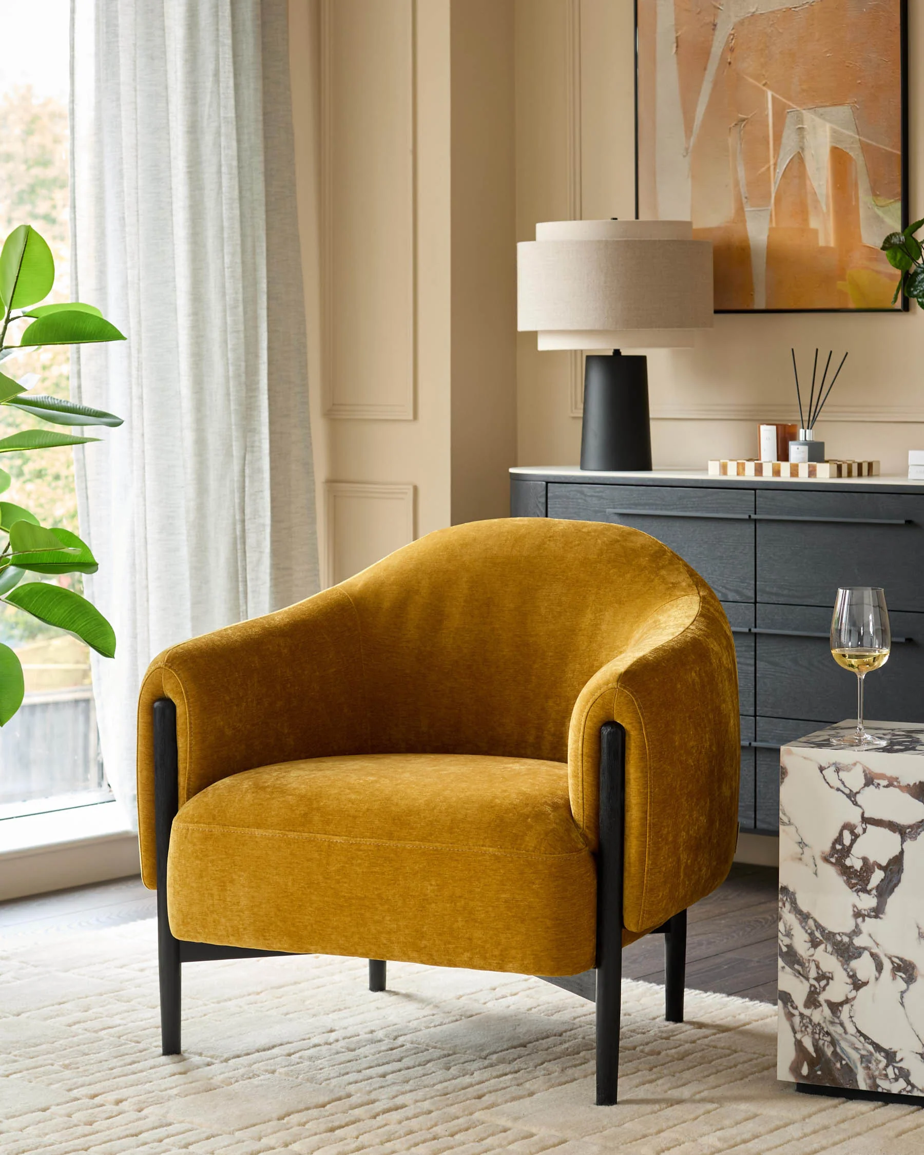 Tristan ochre yellow fabric accent chair with black wood