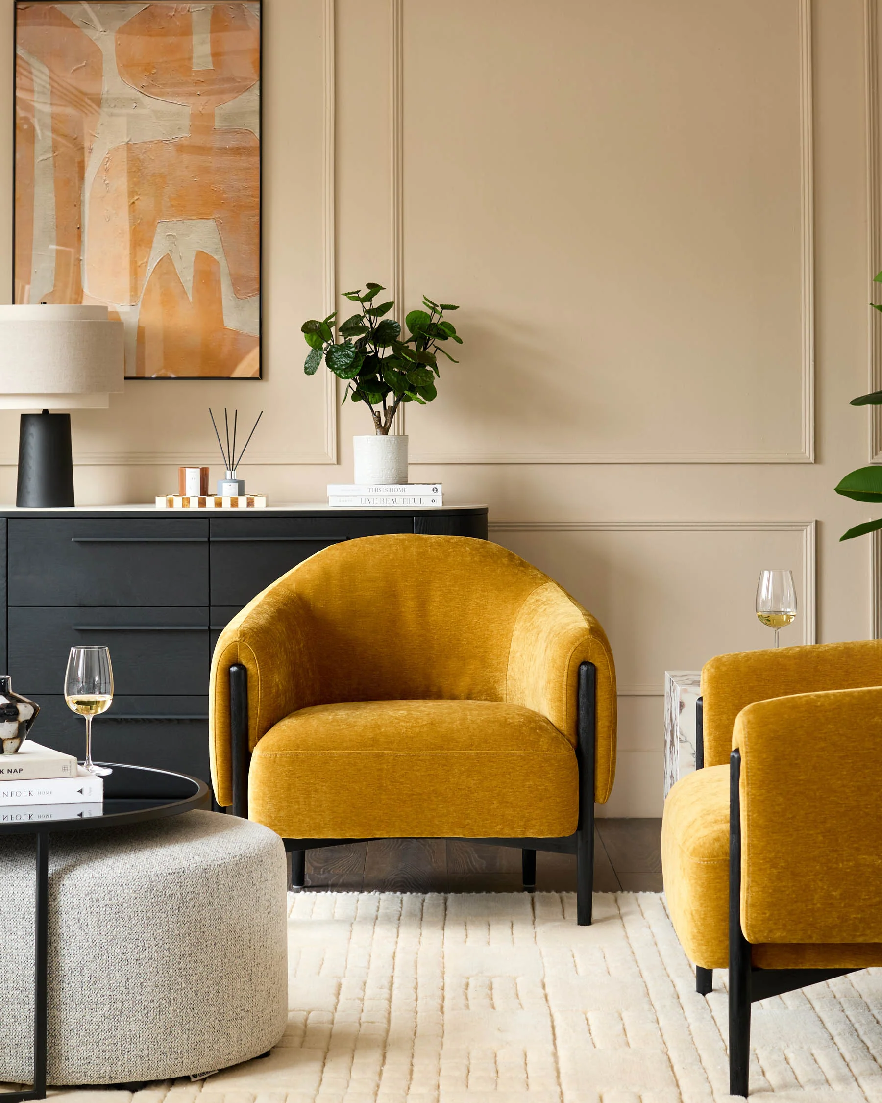 Tristan ochre yellow fabric accent chair with black wood - Image 3