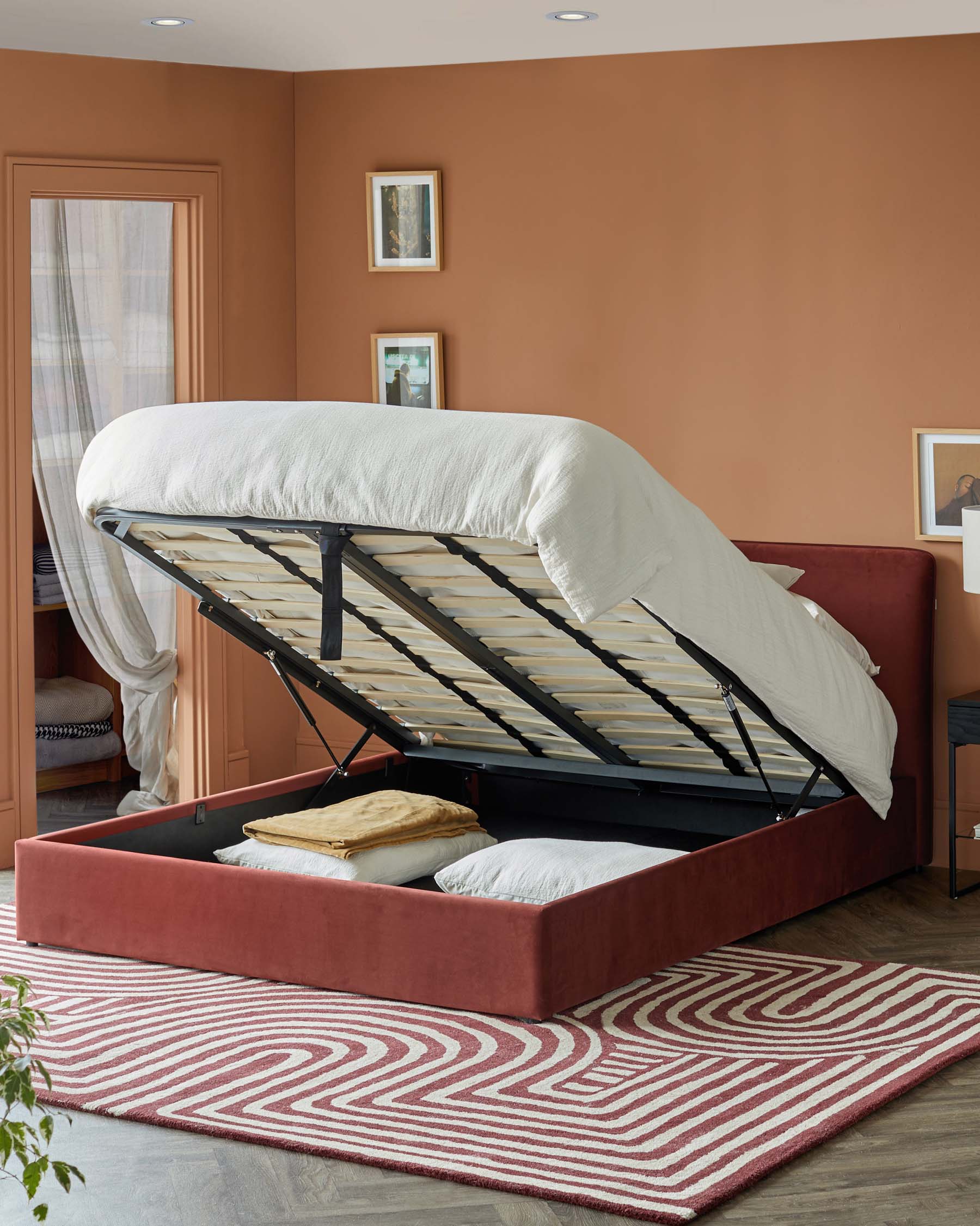 Turin toffee red velvet double ottoman storage bed - Image 2