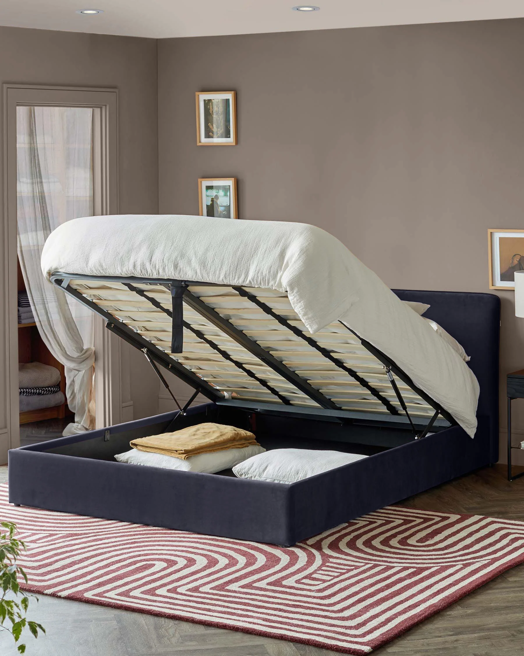 Turin dark navy velvet double ottoman storage bed - Image 2