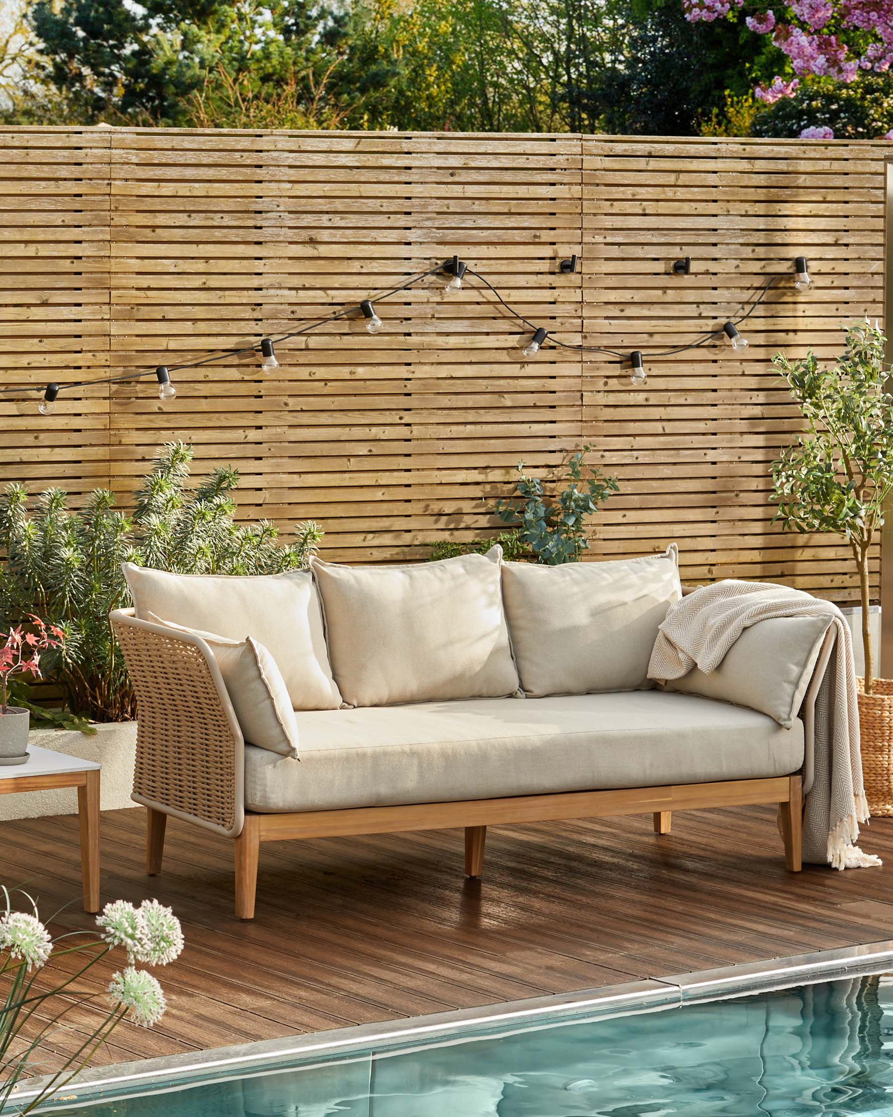 Tuscany natural fabric acacia wood garden 3 seater sofa