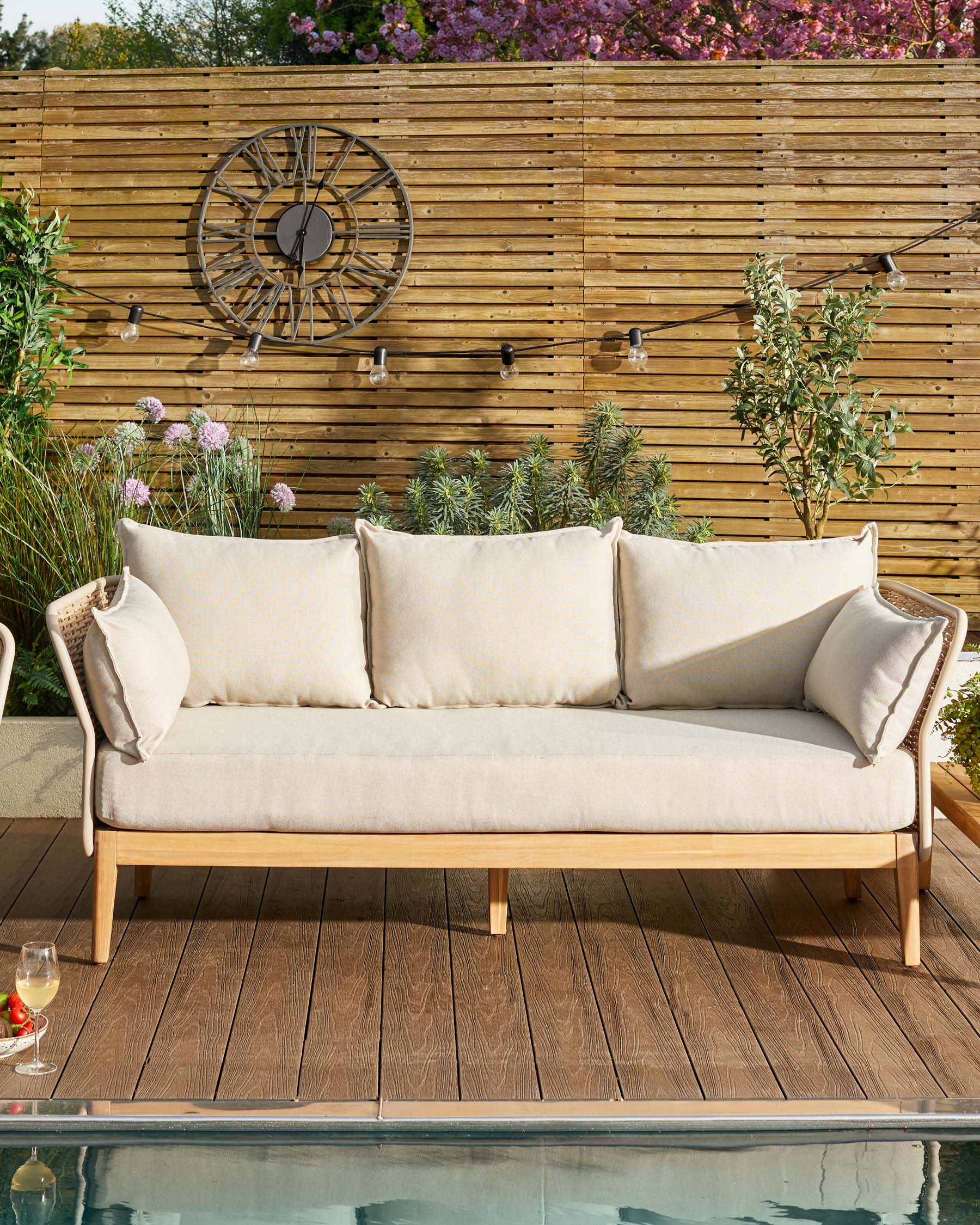 Tuscany natural fabric acacia wood garden 3 seater sofa - Image 2