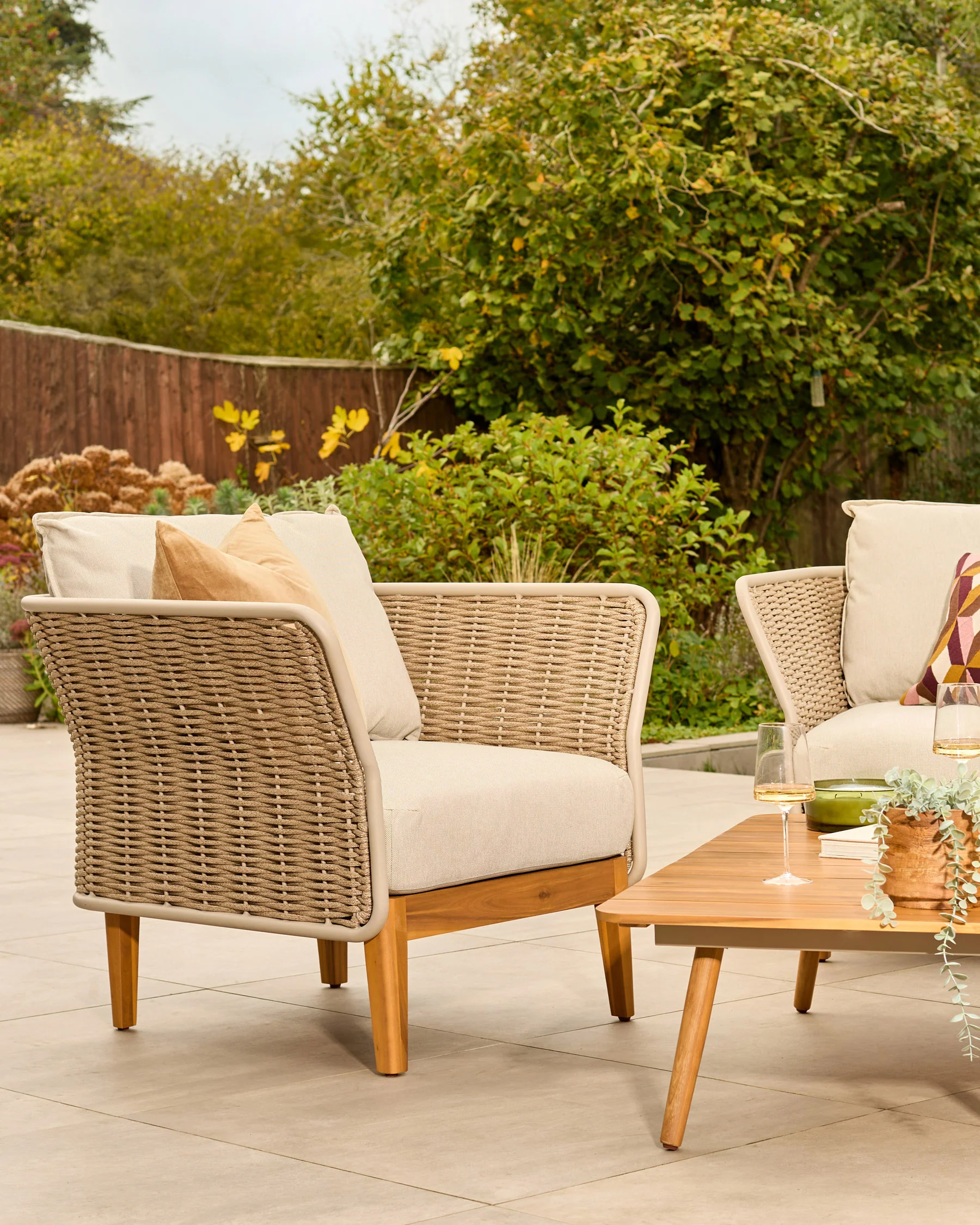 Tuscany natural garden 3 seater bench with an armchair pair and coffee table set - Image 3