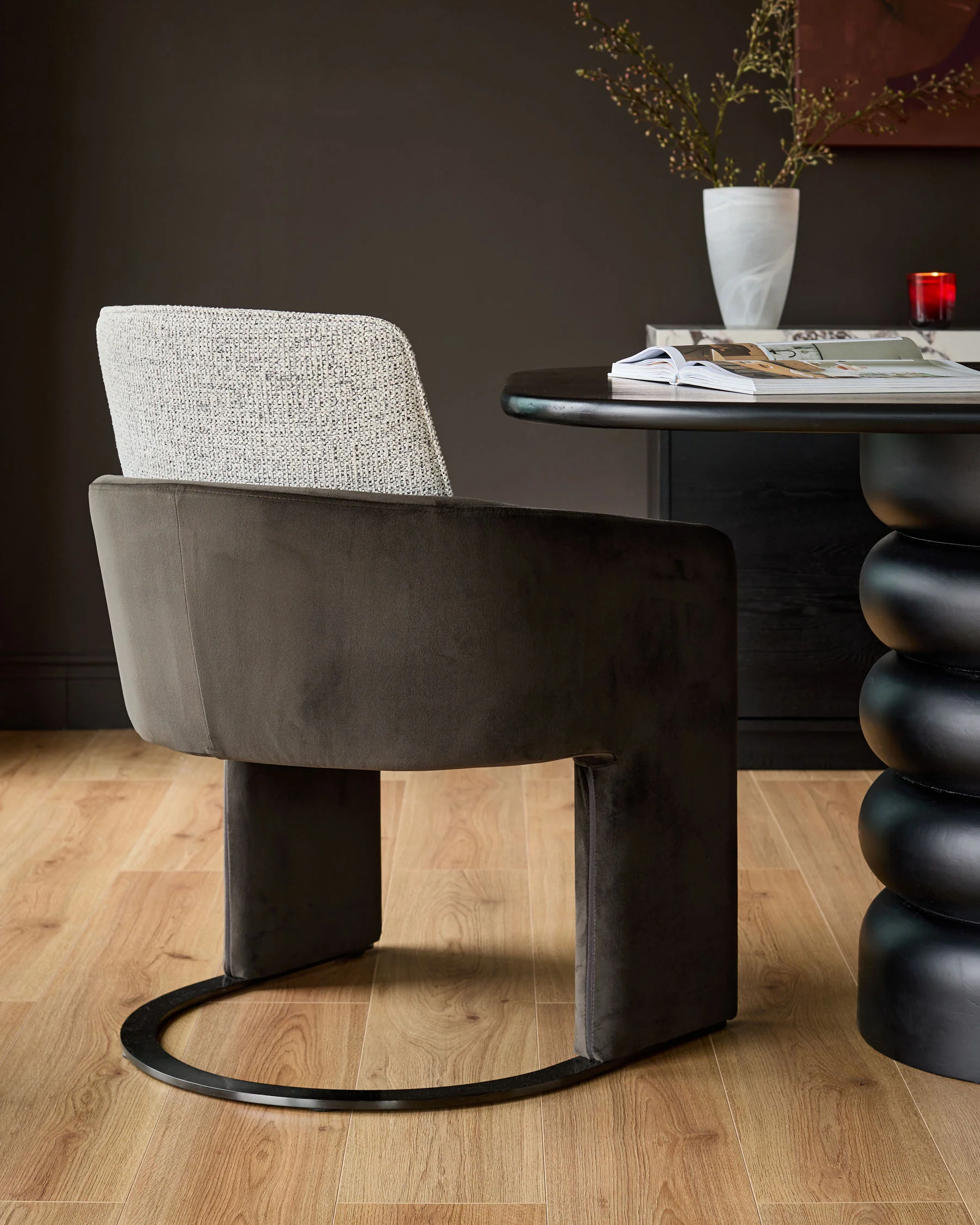 Wren grey fabric and dark chocolate velvet black steel cantilever dining chair - Image 3