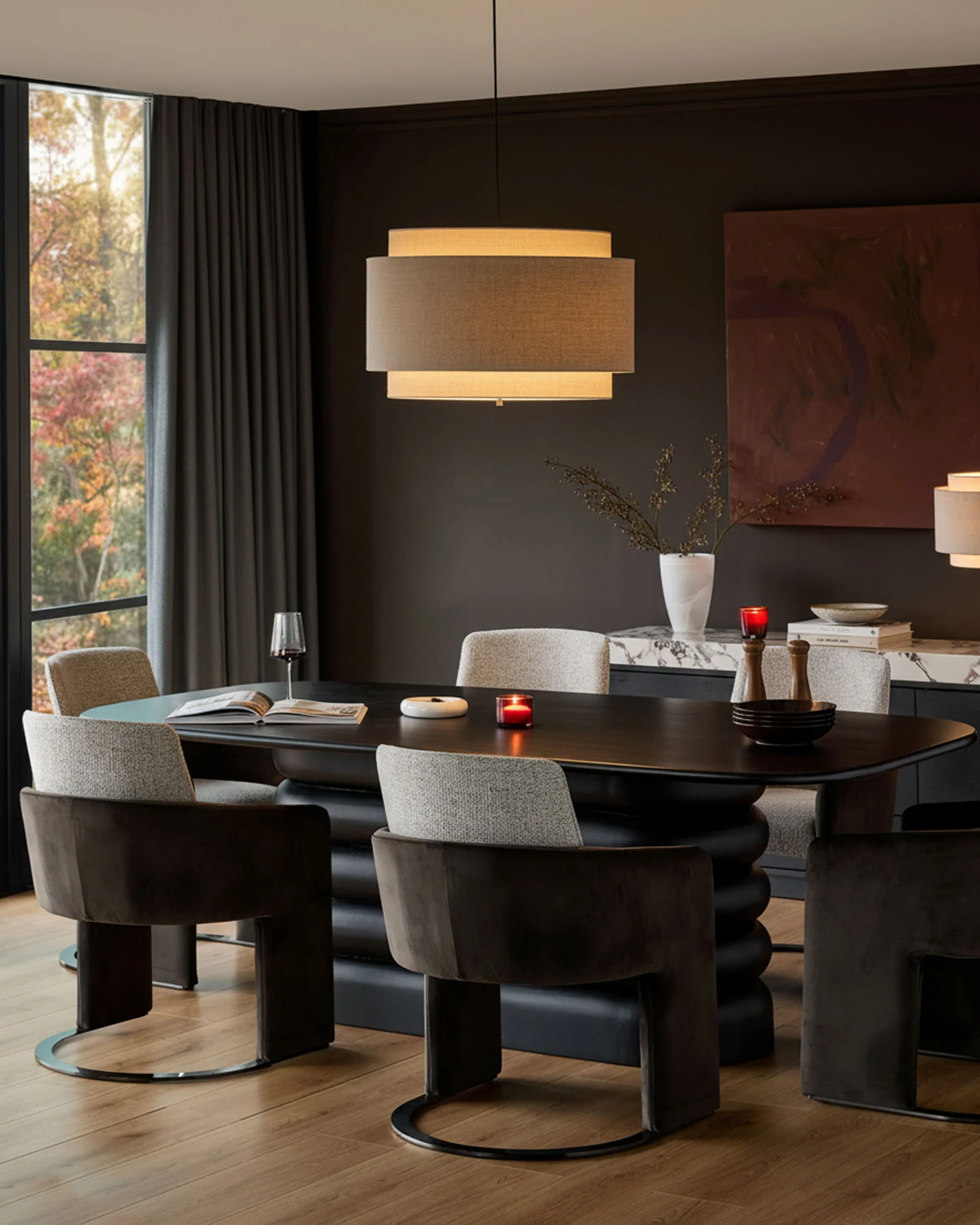 Wren grey fabric and dark chocolate velvet black steel cantilever dining chair - Image 4