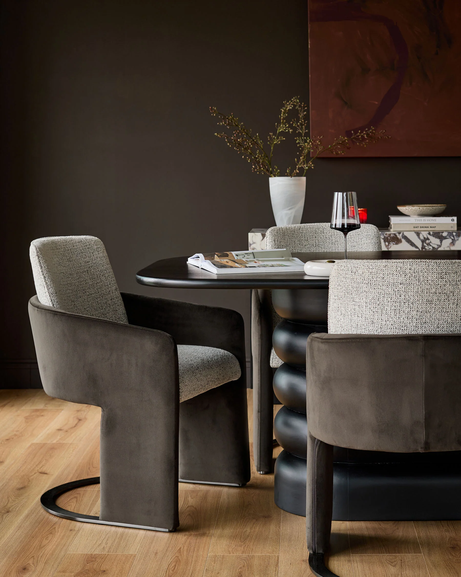 Wren grey fabric and dark chocolate velvet black steel cantilever dining chair - Image 6