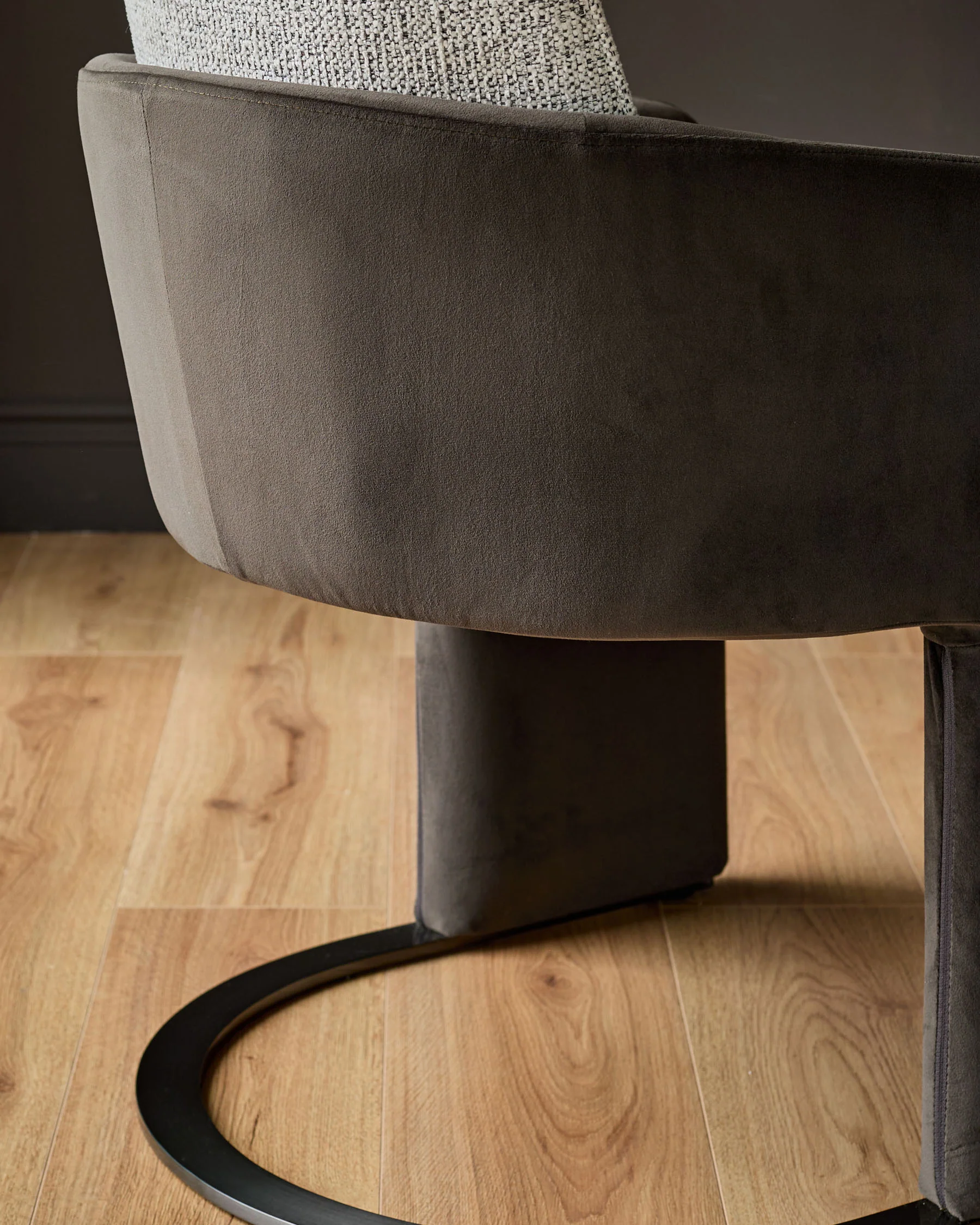 Wren grey fabric and dark chocolate velvet black steel cantilever dining chair - Image 7