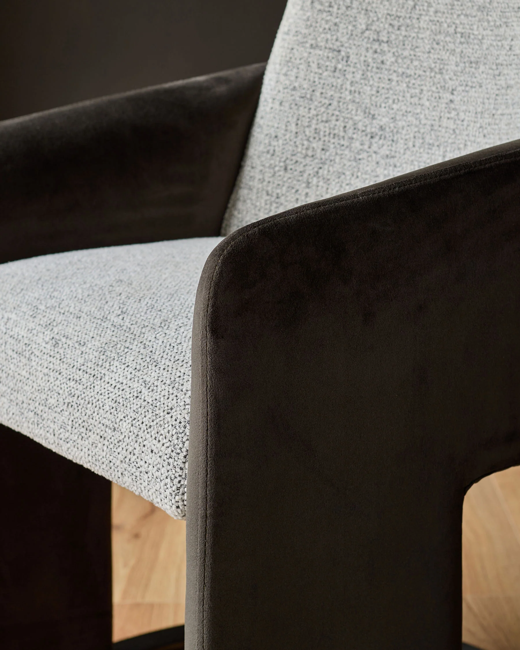 Wren grey fabric and dark chocolate velvet black steel cantilever dining chair - Image 9