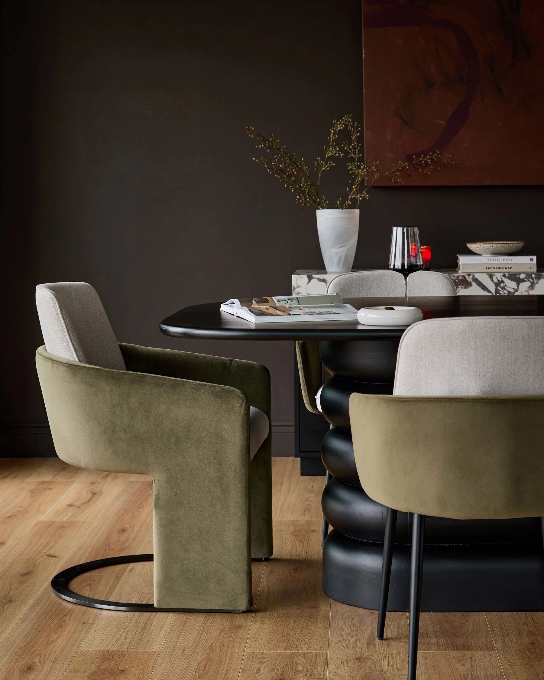 Wren natural fabric and olive green velvet black steel cantilever dining chair - Image 10