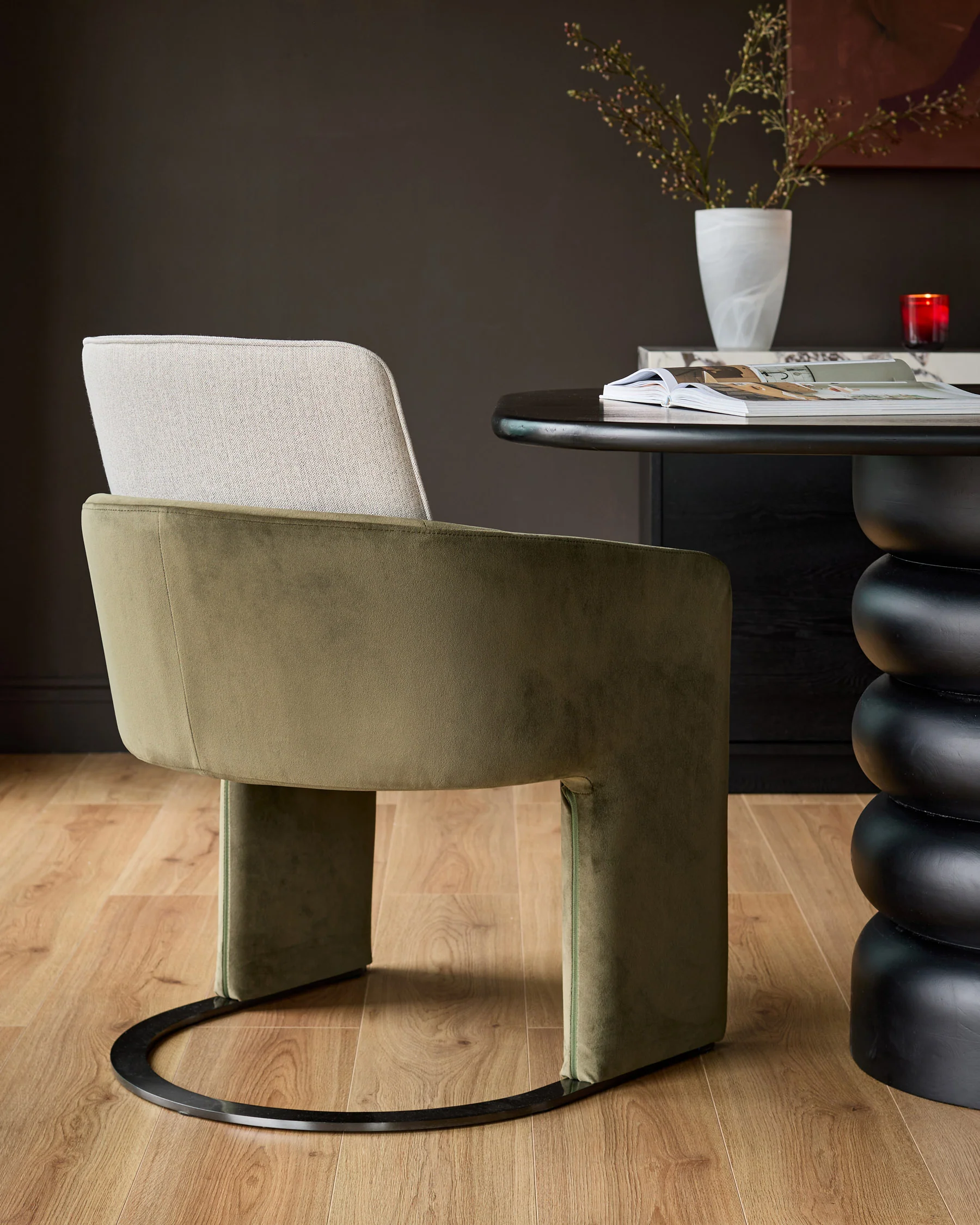 Wren natural fabric and olive green velvet black steel cantilever dining chair - Image 3