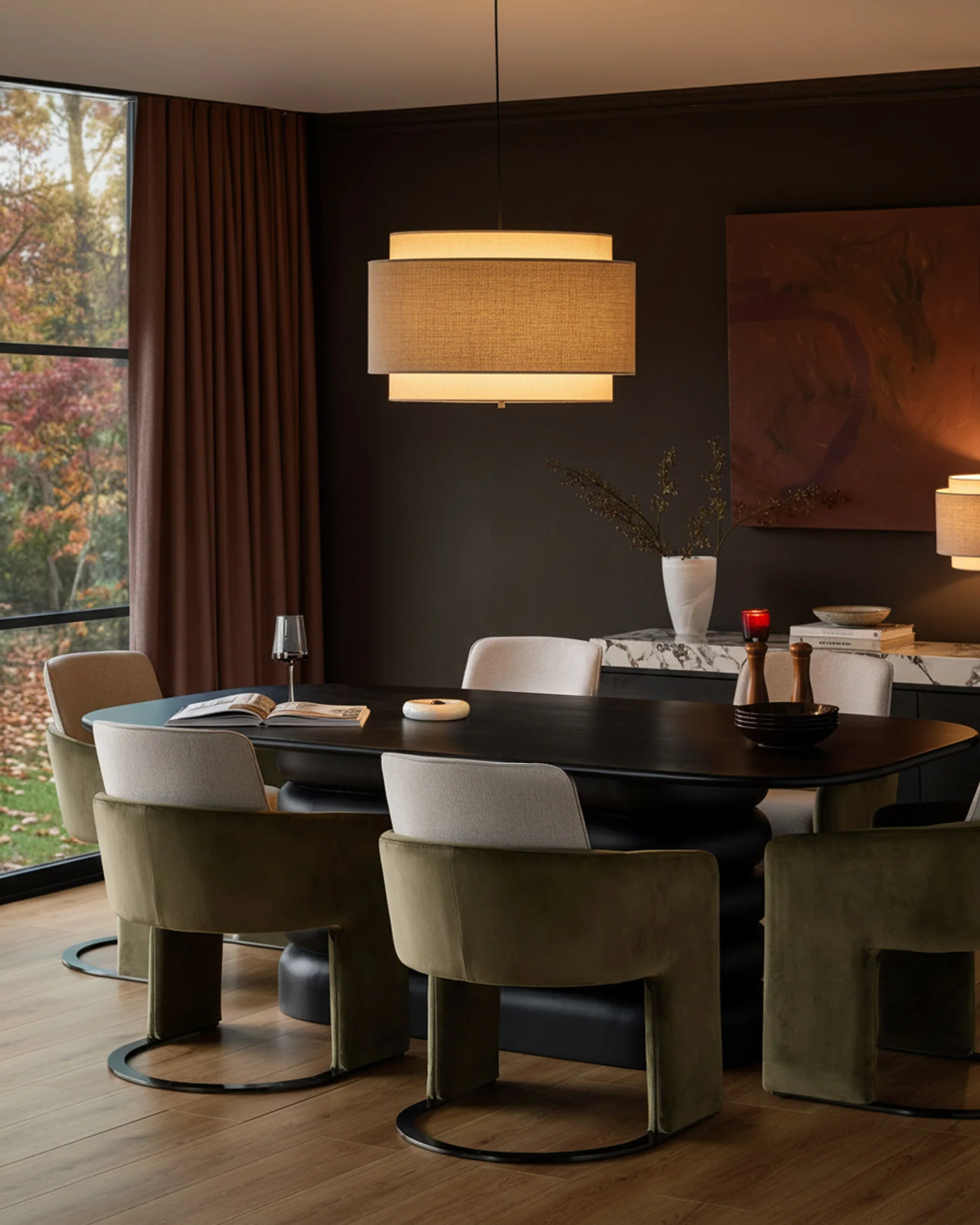 Wren natural fabric and olive green velvet black steel cantilever dining chair - Image 4